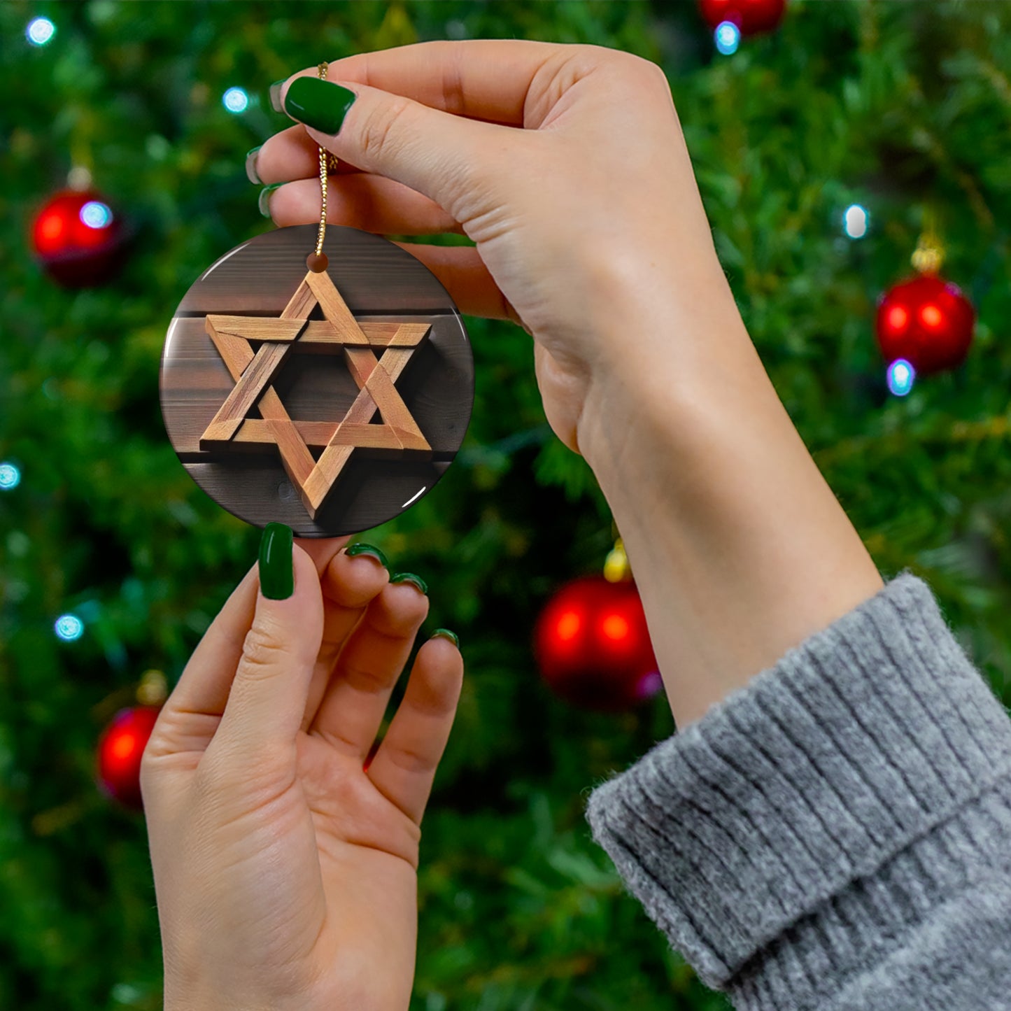 Ceramic Ornament - Jewish Star of David Wooden Magen David, Wood Planks Background