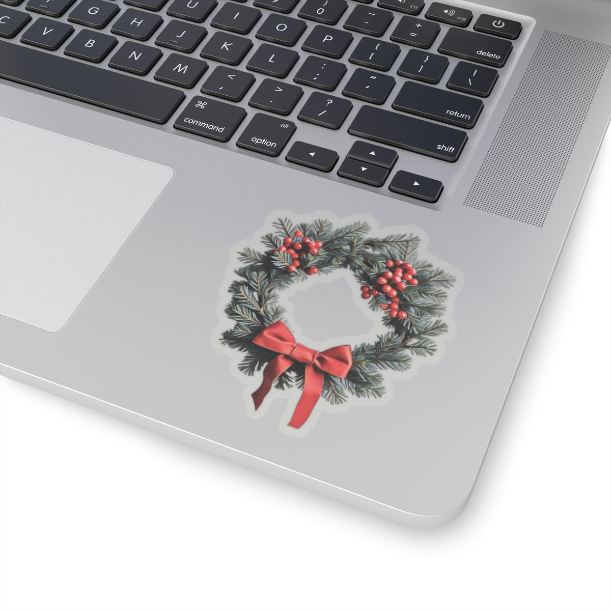 Sticker - Christmas Wreath Art Print, Pine Needle Branches, Red Berries, and Red Ribbon