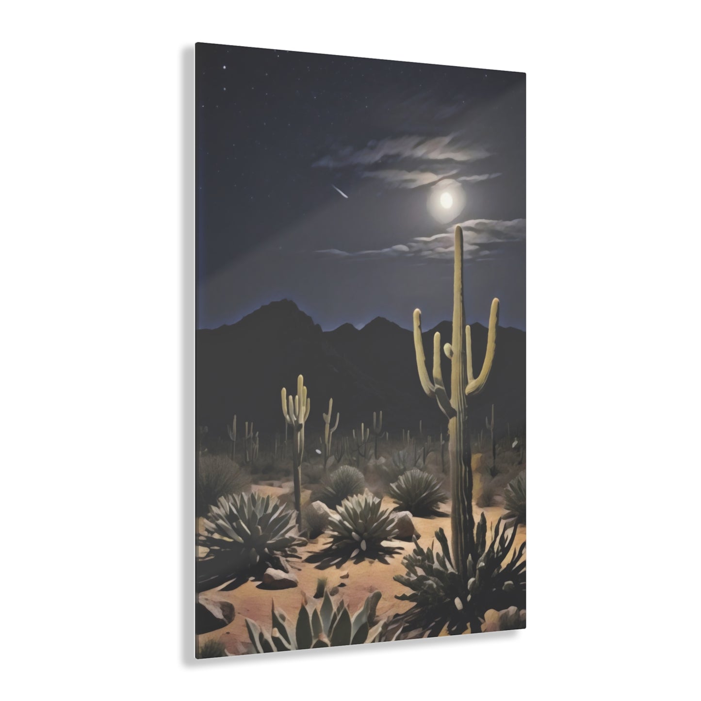 Acrylic Print - Nighttime Desert Landscape, Cactus Art, "Desert Moonrise" by Chaia Malana