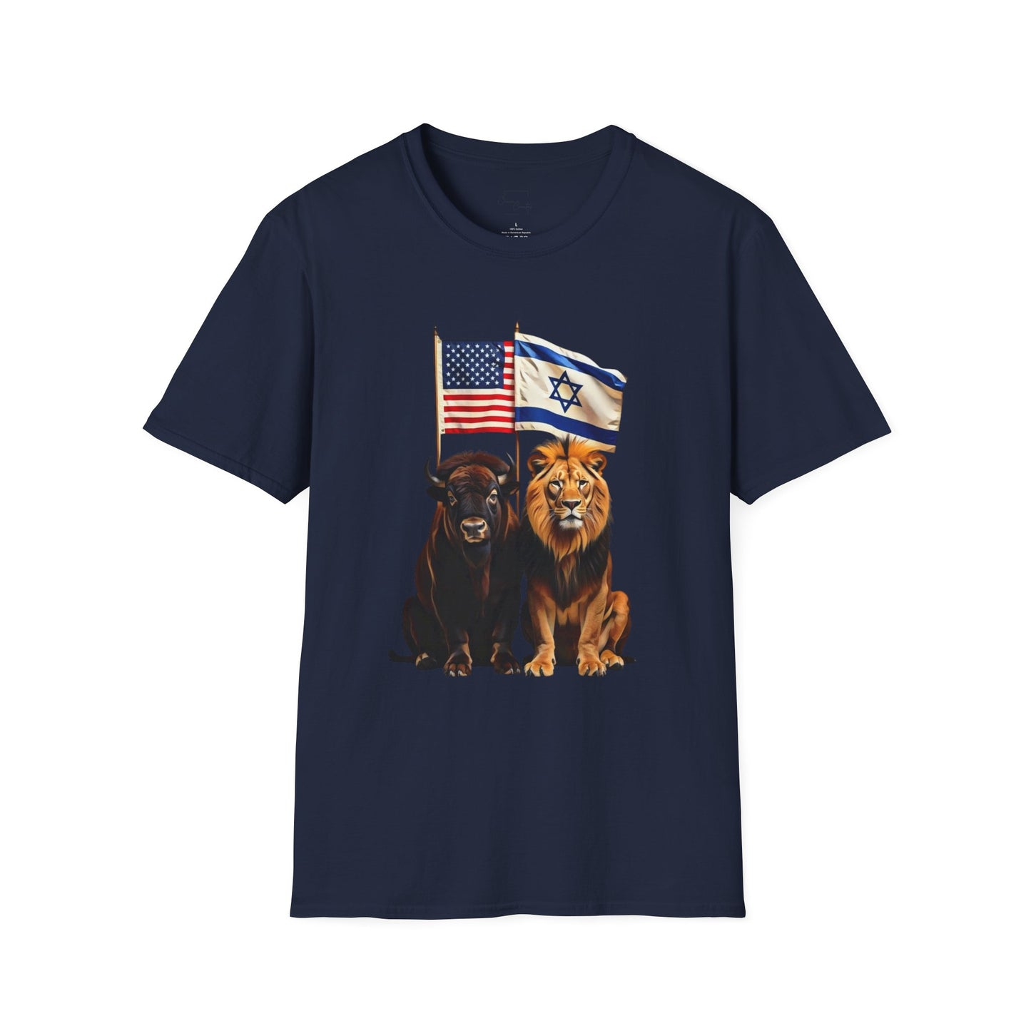 Unisex Softstyle T-Shirt - Unity of Strength, Bison Lion Israel America Flags