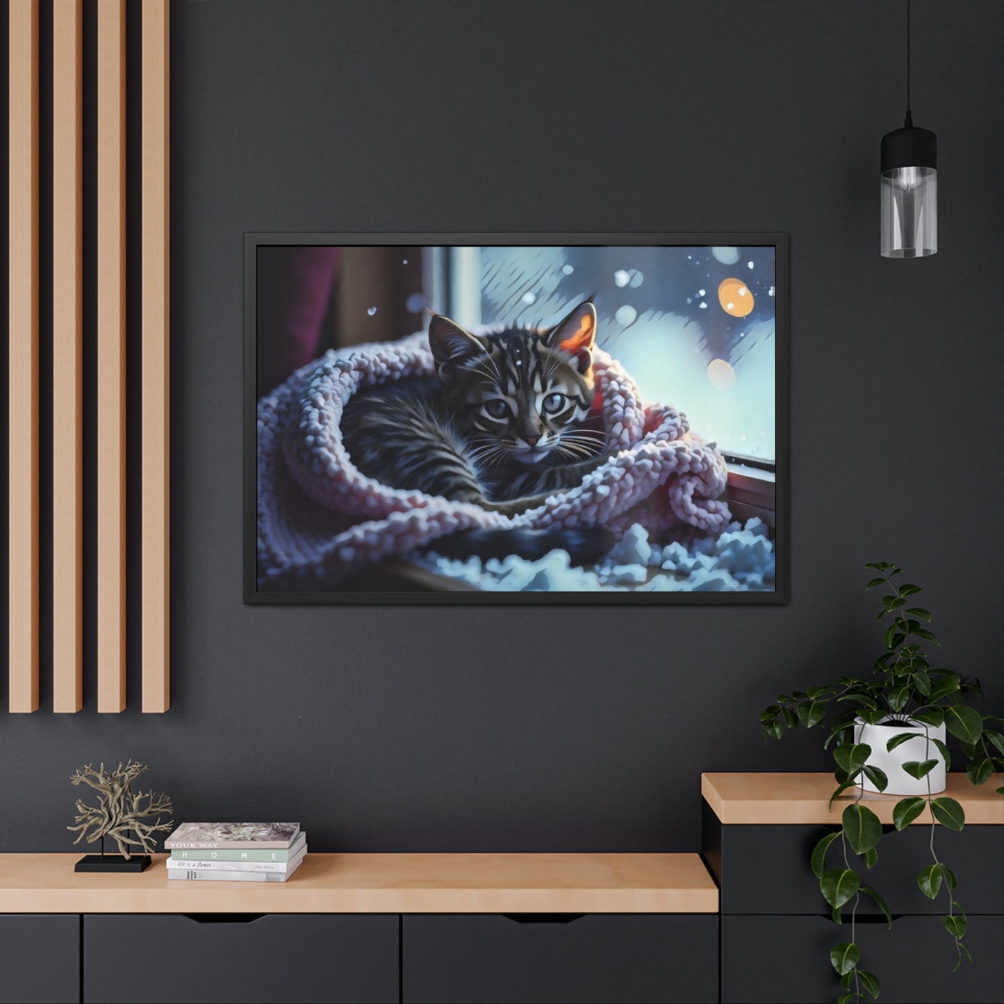 Artistic Framed Posters - Kitten in Blanket in Winter Art, "Cozy Winter Vigil" by Chaia Malana