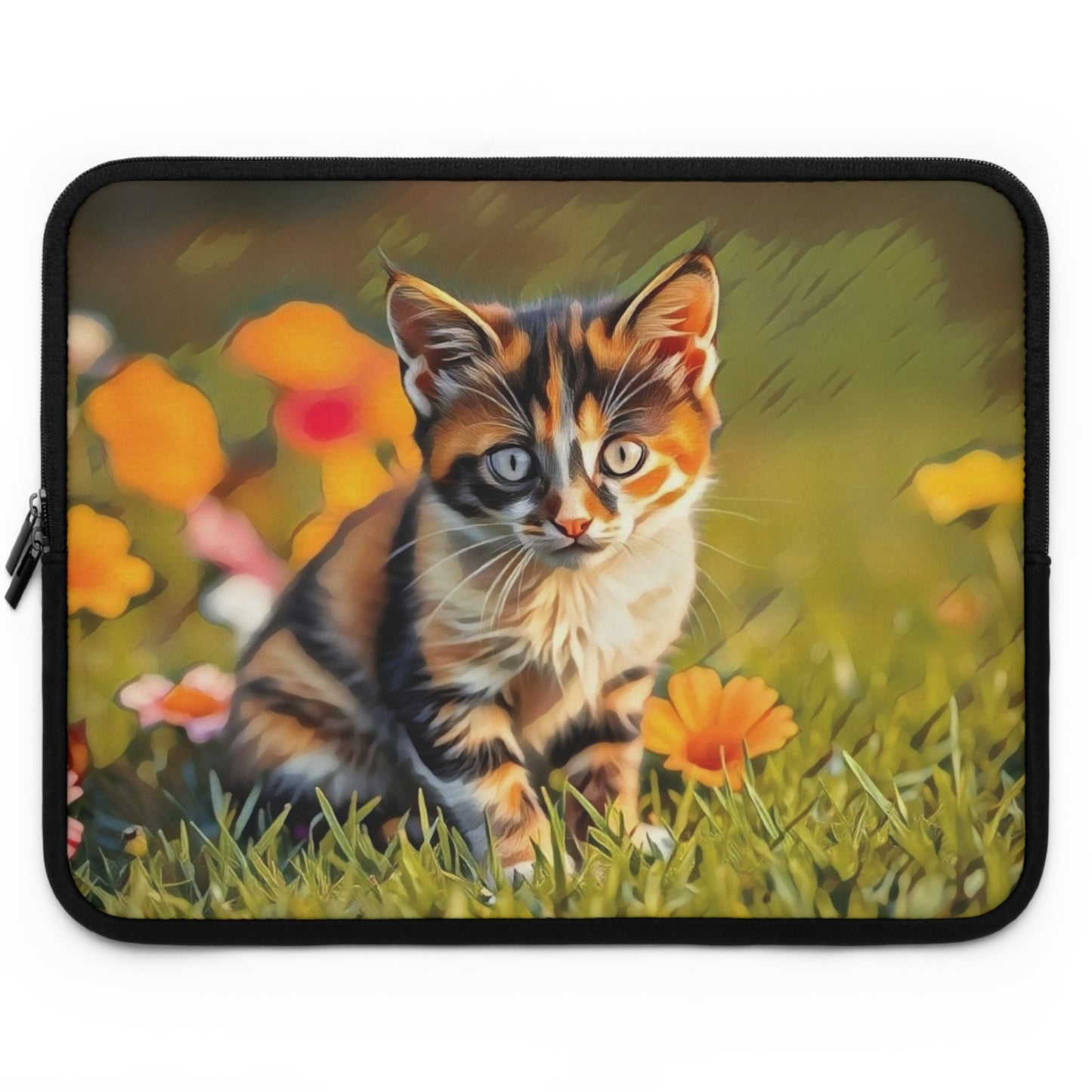 Laptop Sleeve Garden Guardian Curious Kitten Among Blossoms Chaia Malana Digital Art