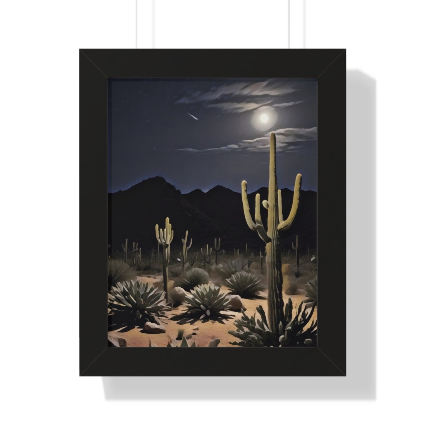 Artistic Framed Poster - Nighttime Desert Cactus Landscape, "Desert Moonrise" Chaia Malana