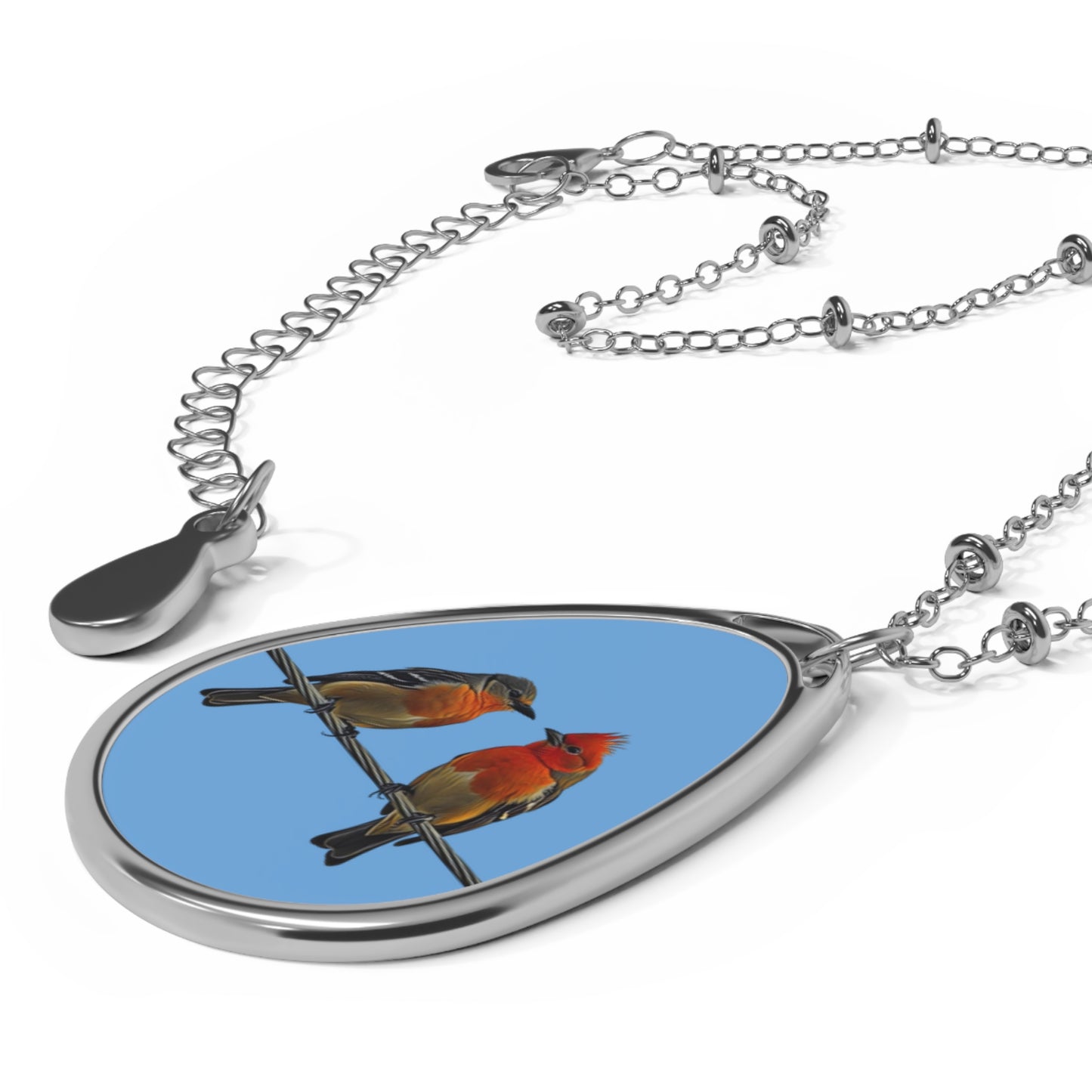 Oval Necklace - Two Birds on a Wire Art Print on Light Blue