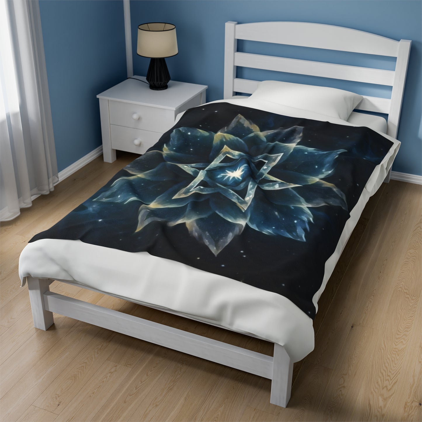 Plush Blanket - "Celestial Bloom" Cosmic Bloom Blue Lotus Galaxy Star of David Art Print