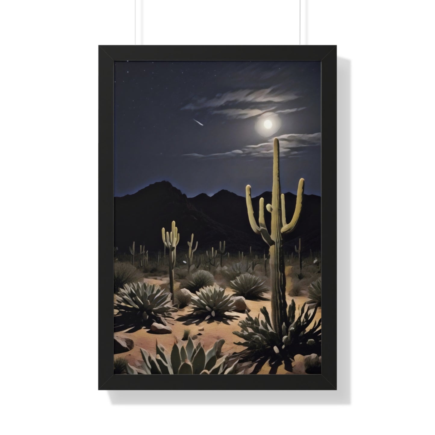 Artistic Framed Poster - Nighttime Desert Cactus Landscape, "Desert Moonrise" Chaia Malana