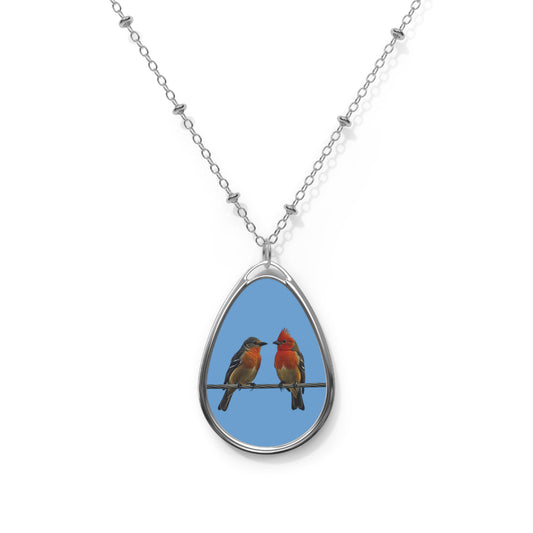 Oval Necklace - Two Birds on a Wire Art Print on Light Blue