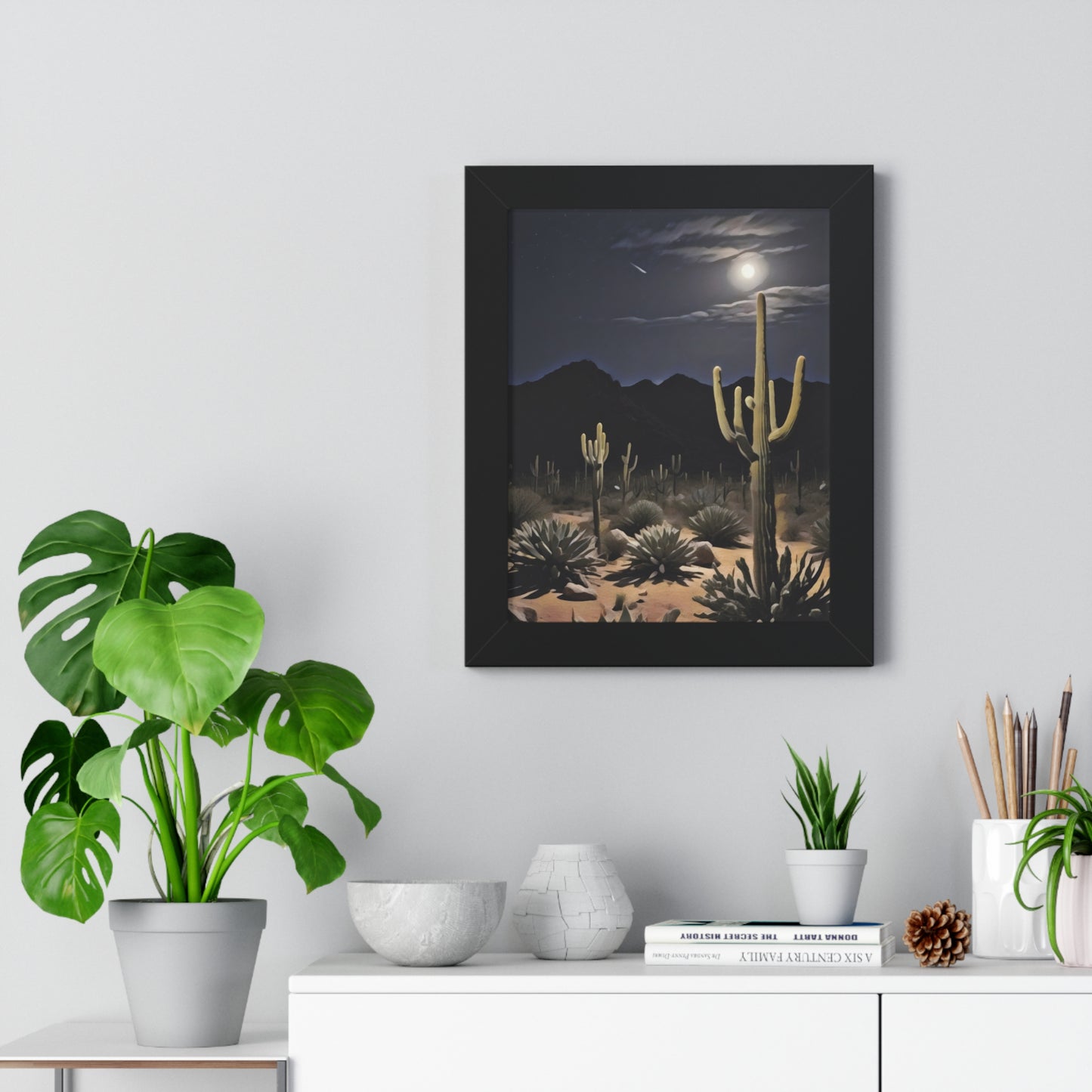 Artistic Framed Poster - Nighttime Desert Cactus Landscape, "Desert Moonrise" Chaia Malana