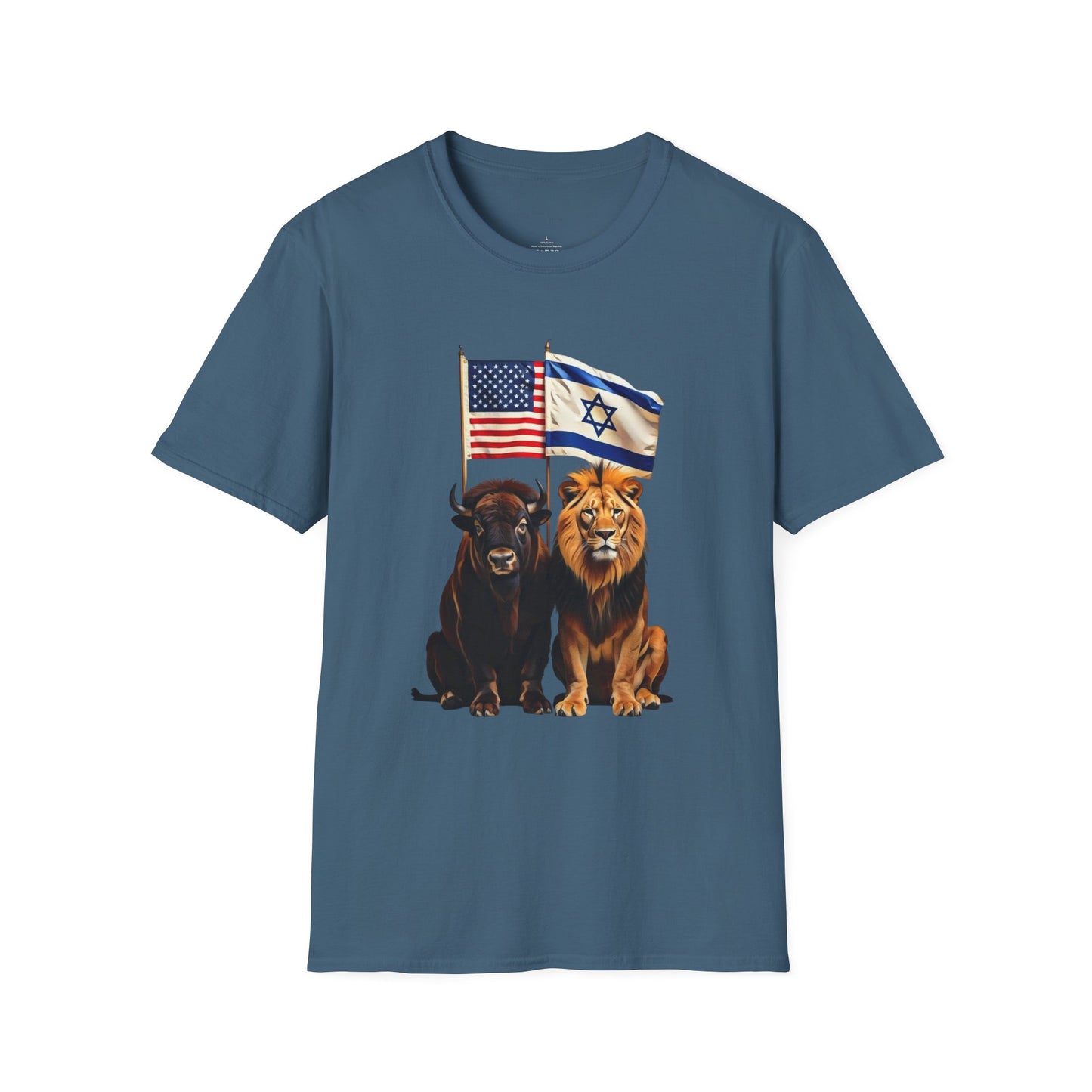 Unisex Softstyle T-Shirt - Unity of Strength, Bison Lion Israel America Flags