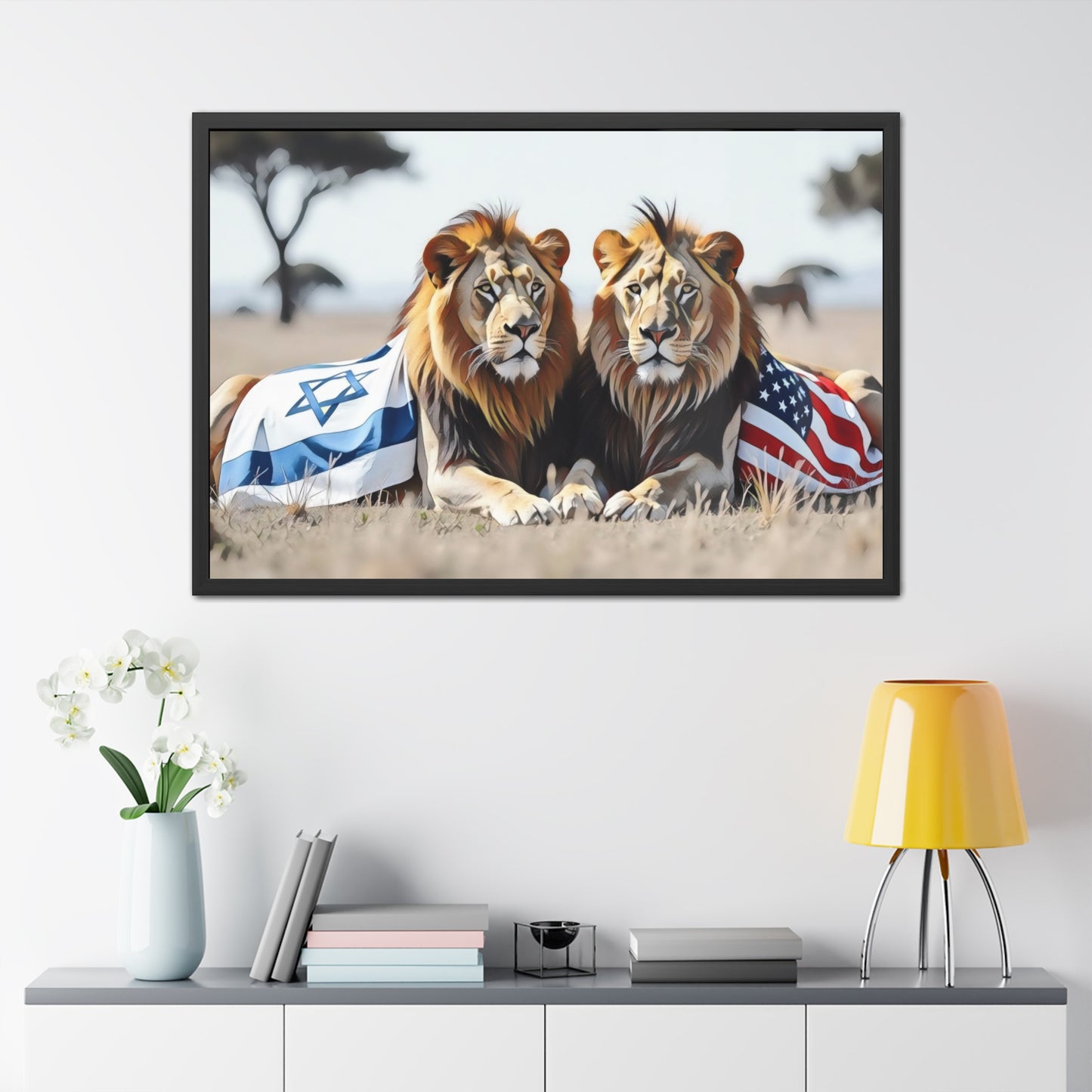 Artistic Framed Posters - America Israel Lions "Guardians of Unity: Lions of America and Israel" Chaia Malana