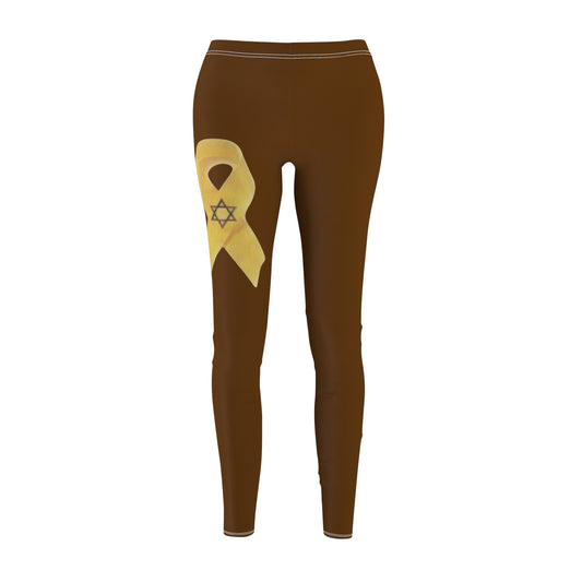 Women's Cut & Sew Casual Leggings, Brown - Yellow Ribbon 'Bring Them Home Now' Art, by Chaia Malana