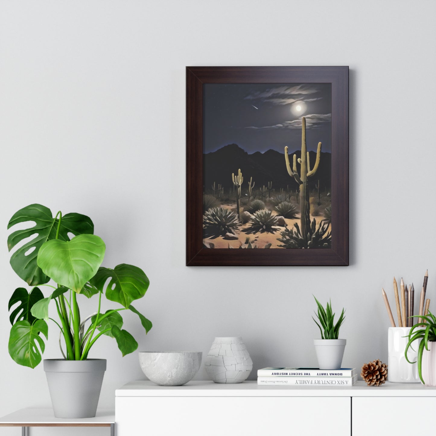 Artistic Framed Poster - Nighttime Desert Cactus Landscape, "Desert Moonrise" Chaia Malana