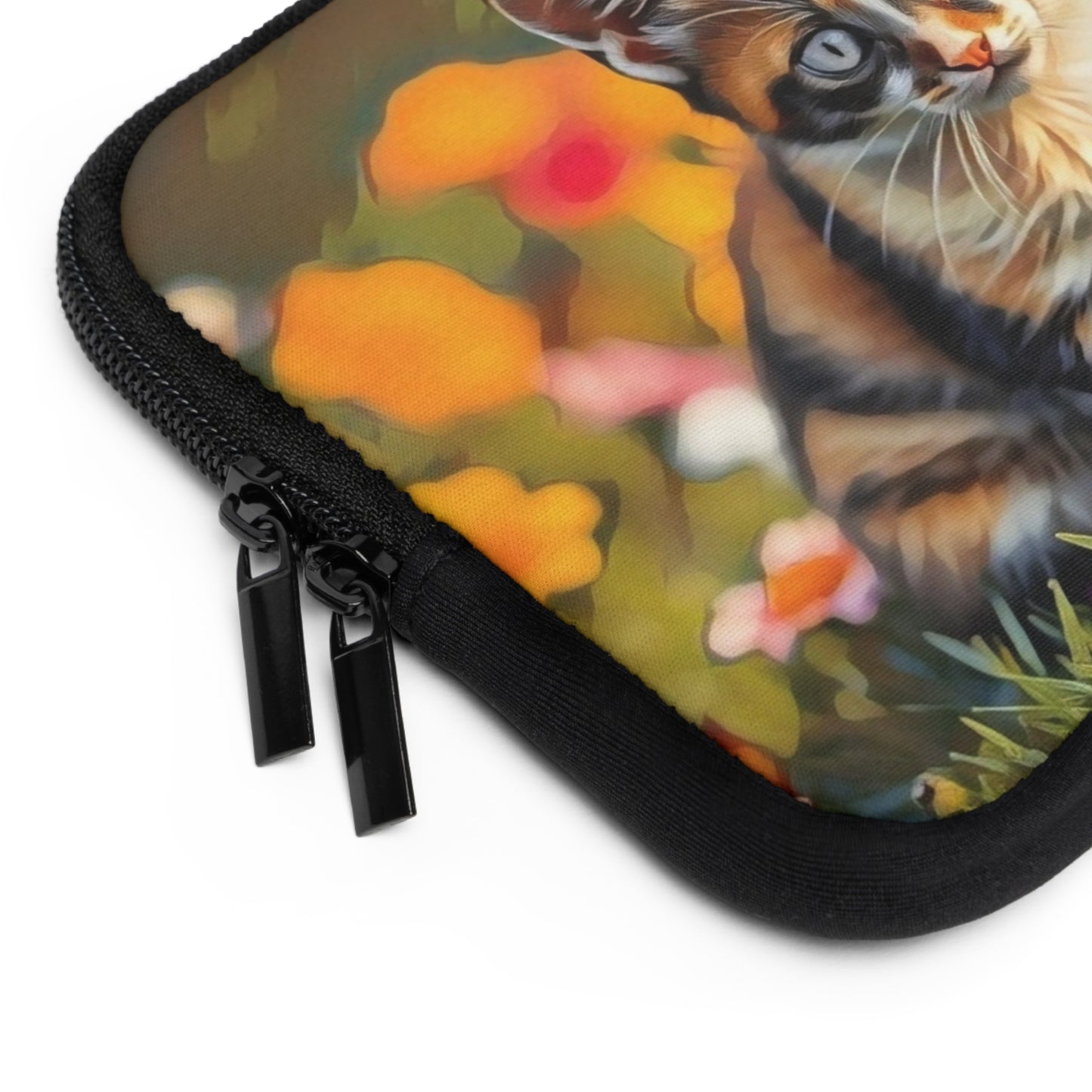 Laptop Sleeve Garden Guardian Curious Kitten Among Blossoms Chaia Malana Digital Art