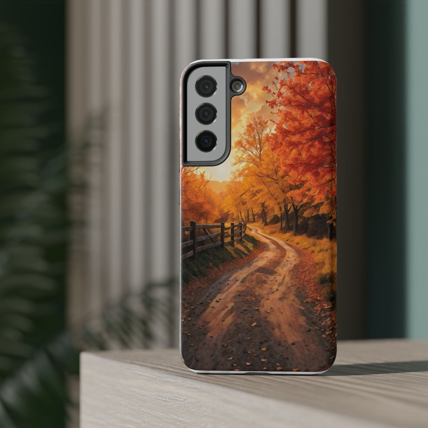 Phone Cases - Autumn Theme Painting of a Dirt Road with Trees and Wood Fence