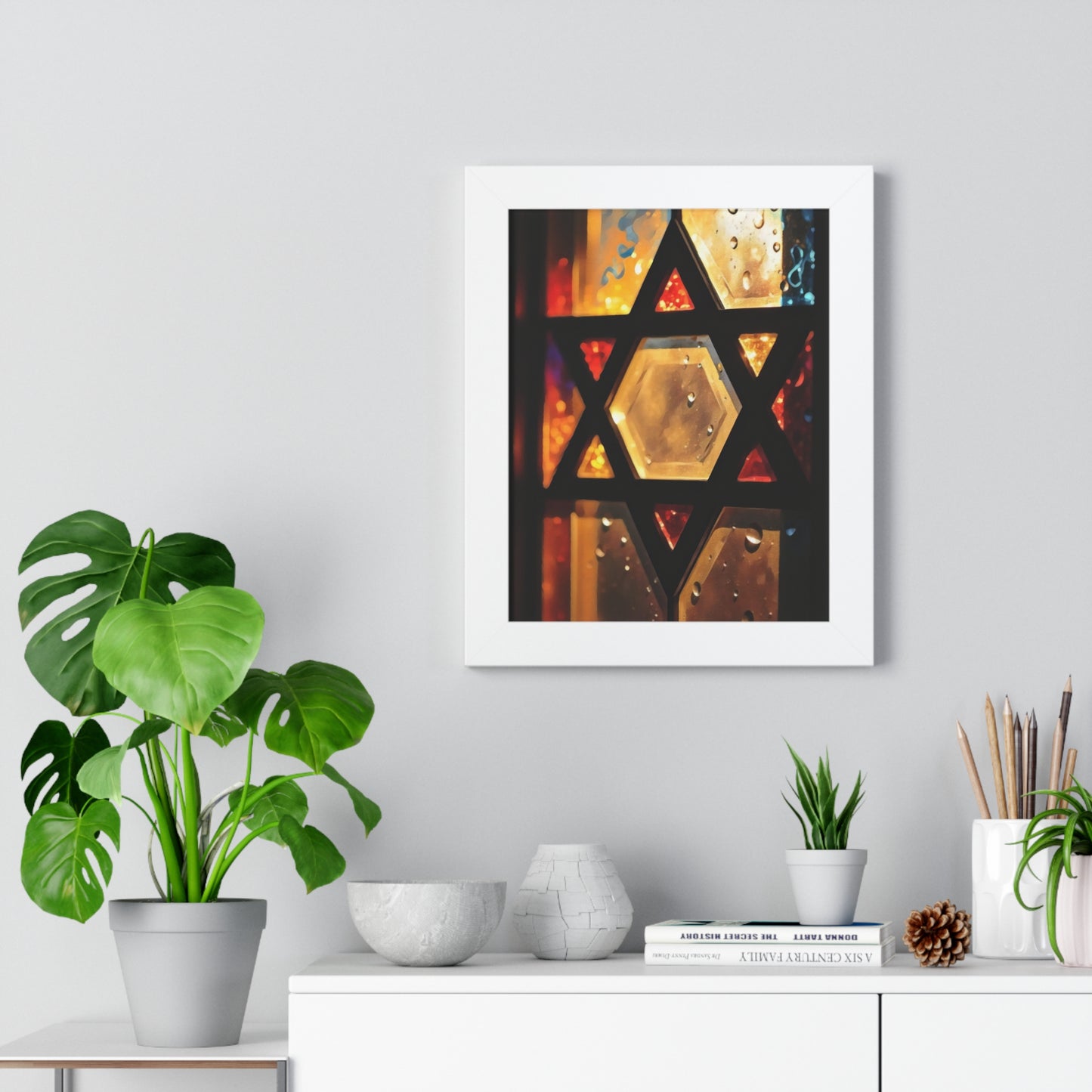 Artistic Framed Poster - Stained Glass Style Judaica Star of David Art Print "Eternal Light Star of Remembrance" Chaia Malana