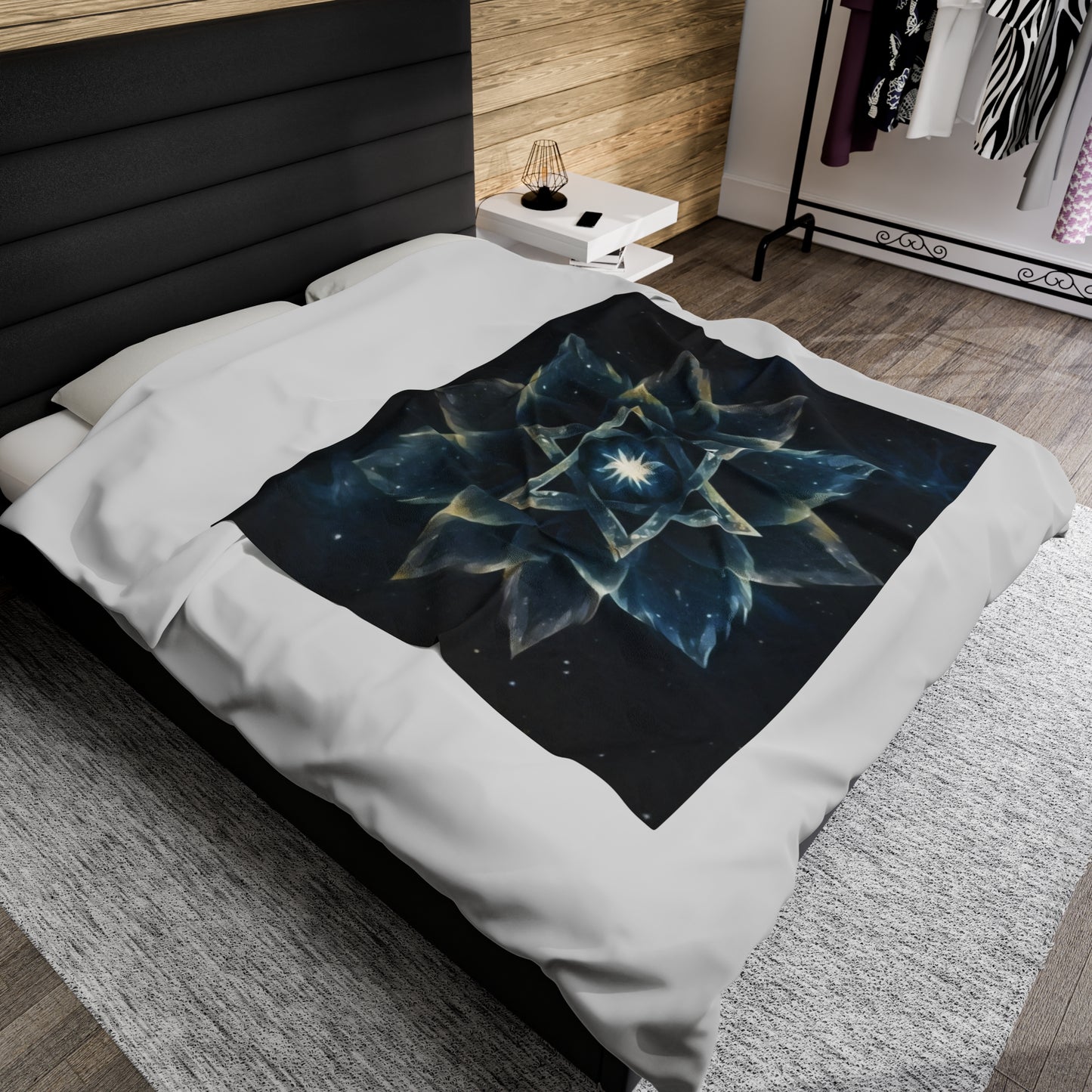 Plush Blanket - "Celestial Bloom" Cosmic Bloom Blue Lotus Galaxy Star of David Art Print