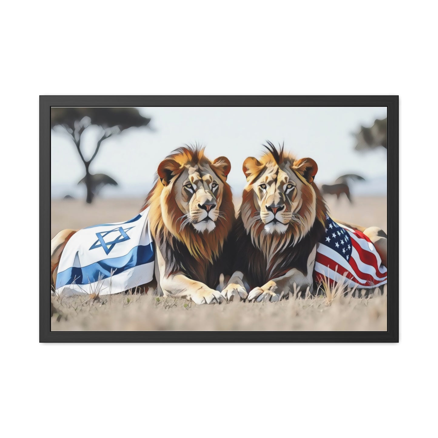 Artistic Framed Posters - America Israel Lions "Guardians of Unity: Lions of America and Israel" Chaia Malana