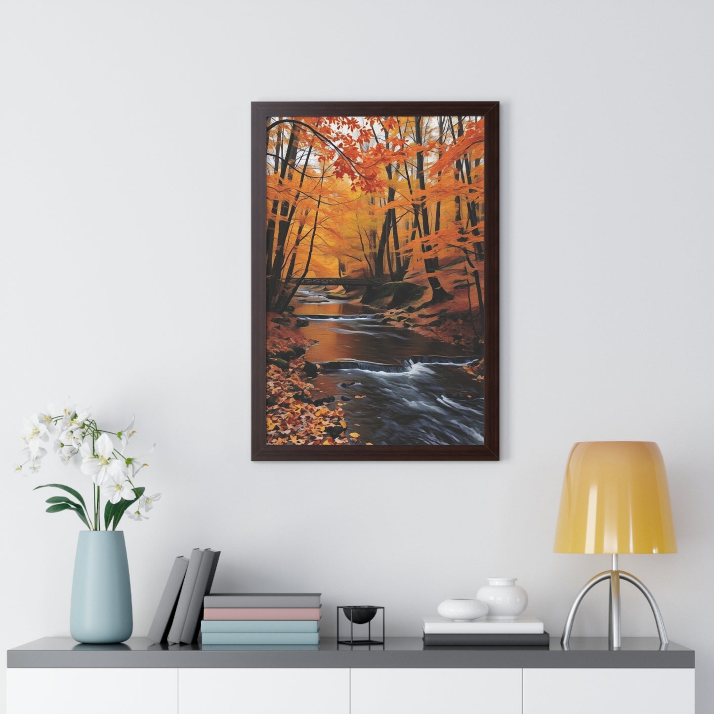 Artistic Framed Poster - Autumn Rocky Forest Waterfall, "Whispers of Autumn’s Flow" Chaia Malana