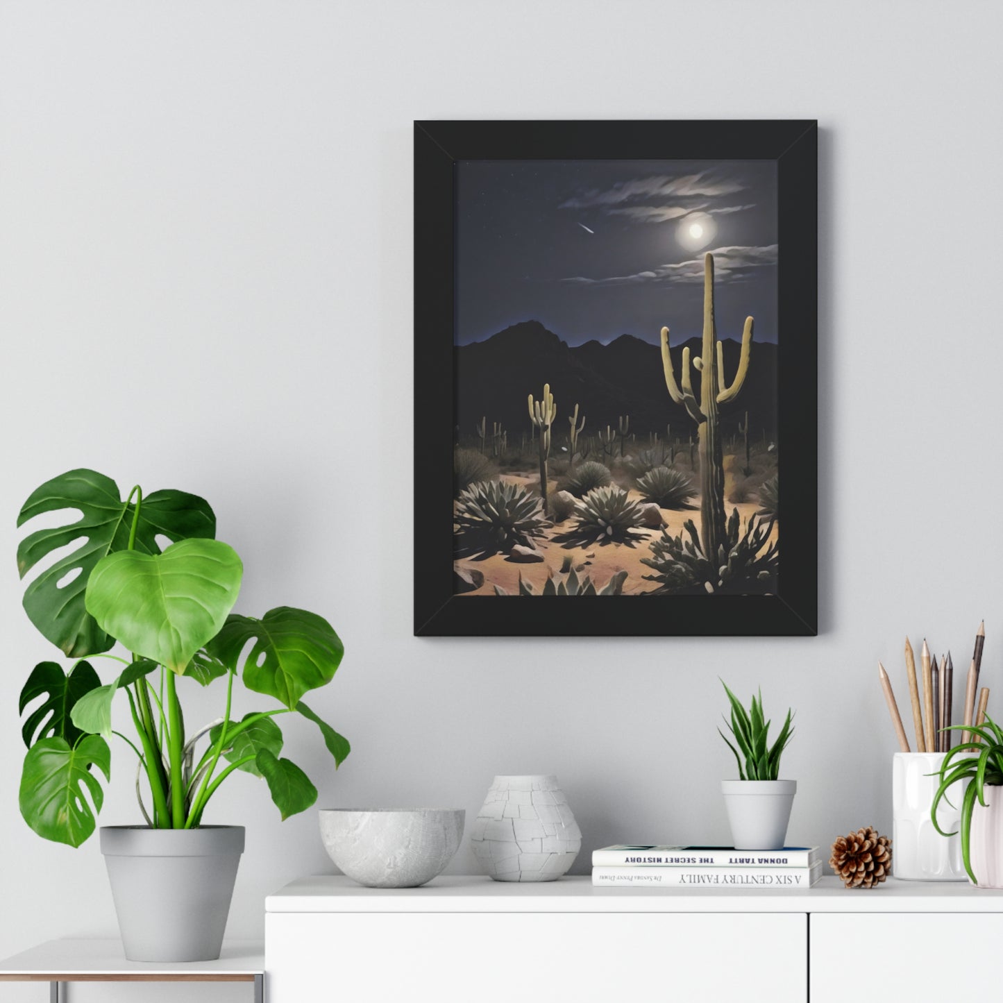 Artistic Framed Poster - Nighttime Desert Cactus Landscape, "Desert Moonrise" Chaia Malana