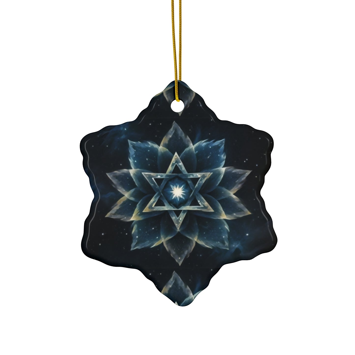 Ceramic Ornament - Jewish Star of David Blue Cosmic Lotus Design, Galactic Background