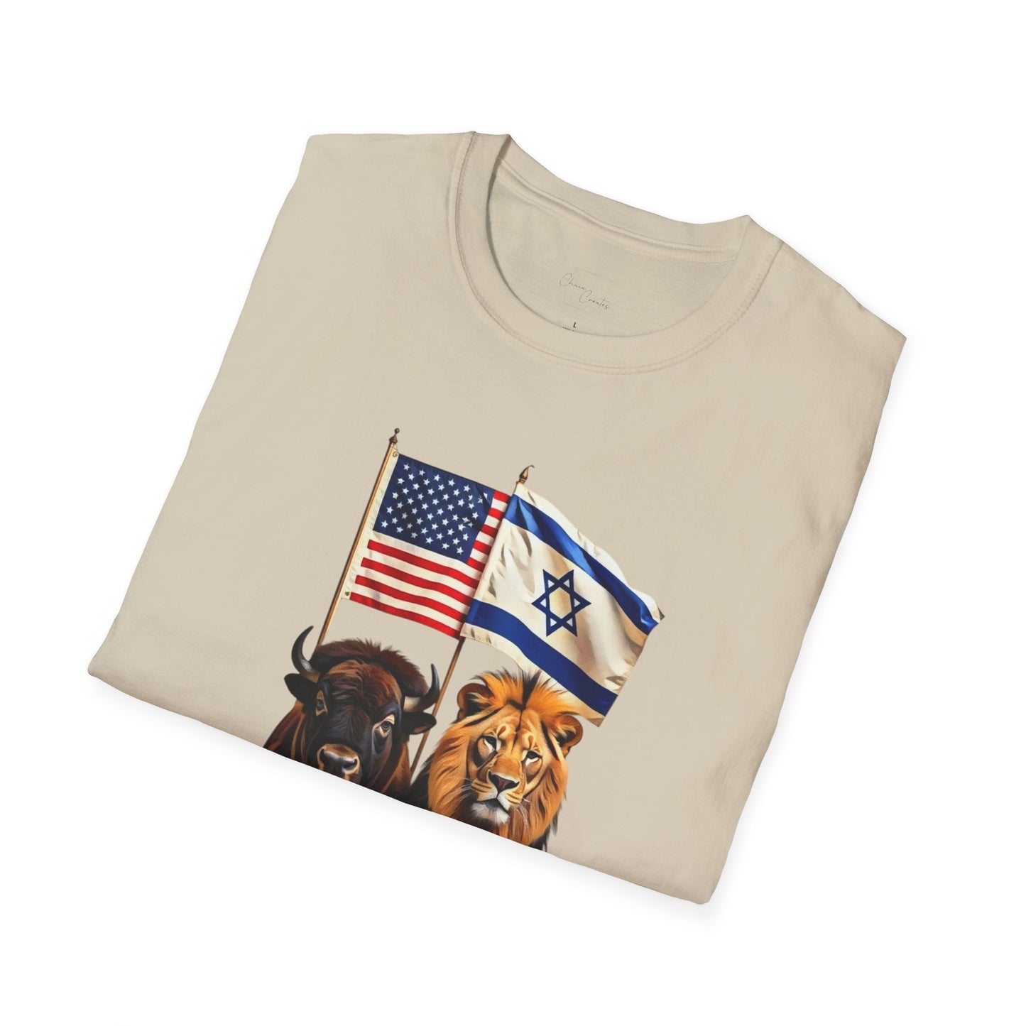 Unisex Softstyle T-Shirt - Unity of Strength, Bison Lion Israel America Flags