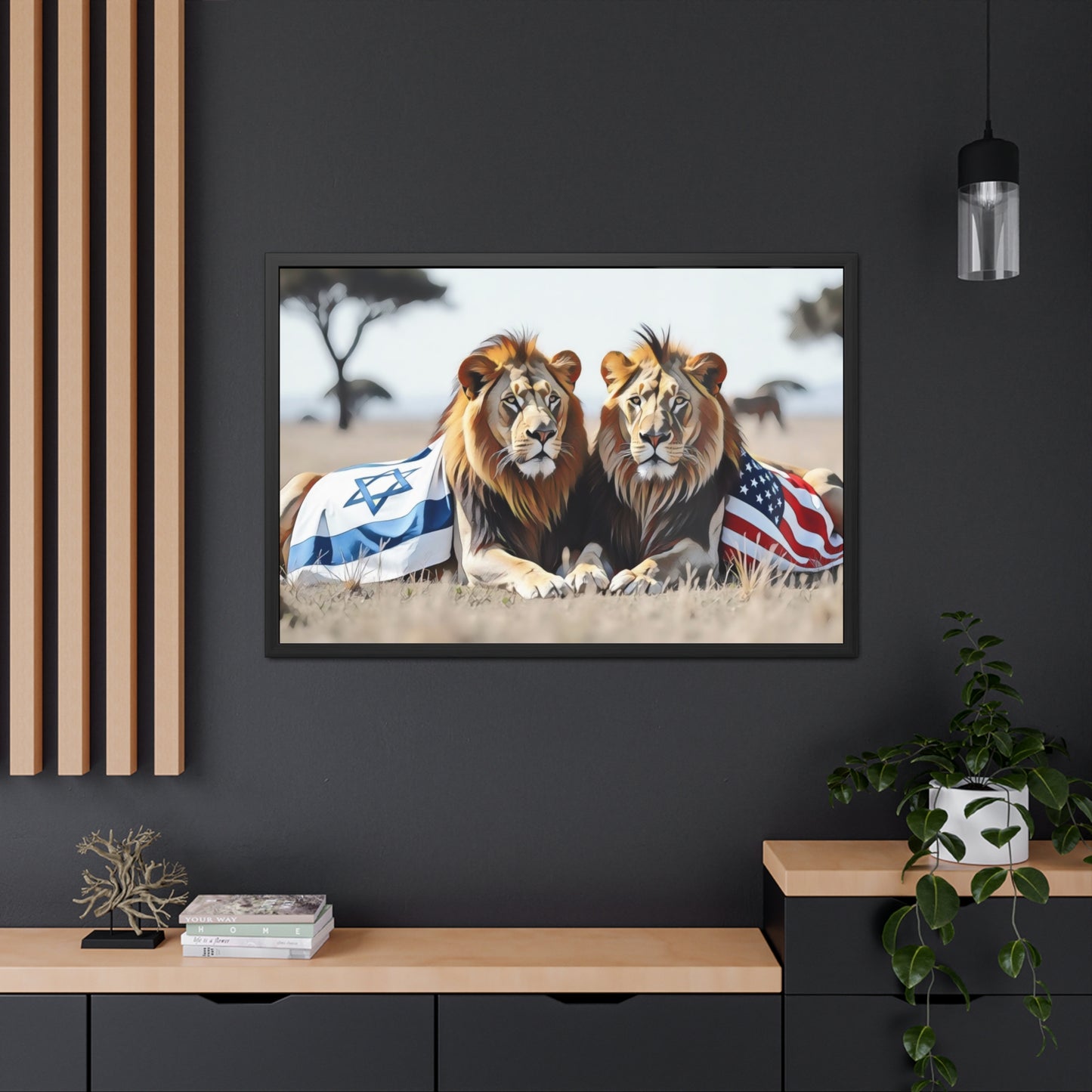 Artistic Framed Posters - America Israel Lions "Guardians of Unity: Lions of America and Israel" Chaia Malana