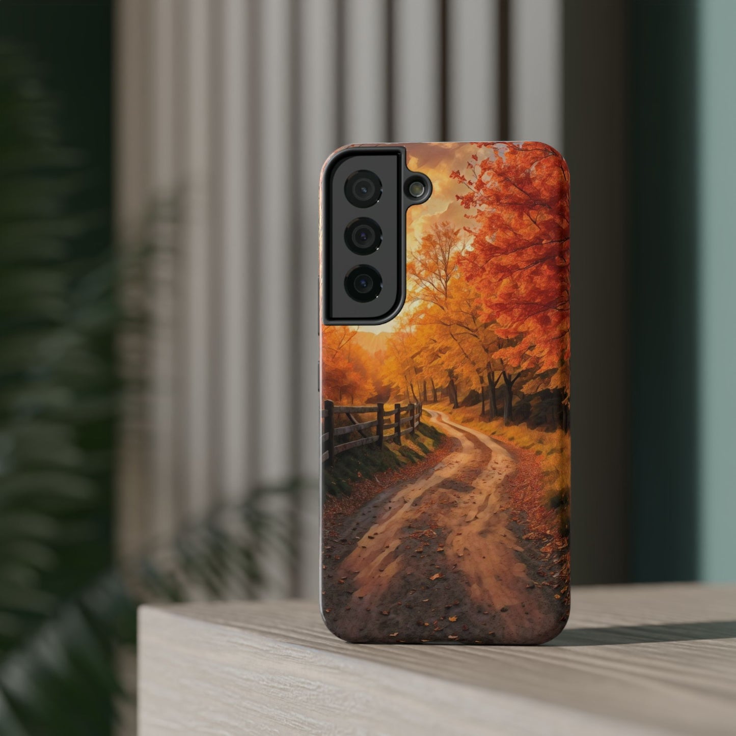 Phone Cases - Autumn Theme Painting of a Dirt Road with Trees and Wood Fence