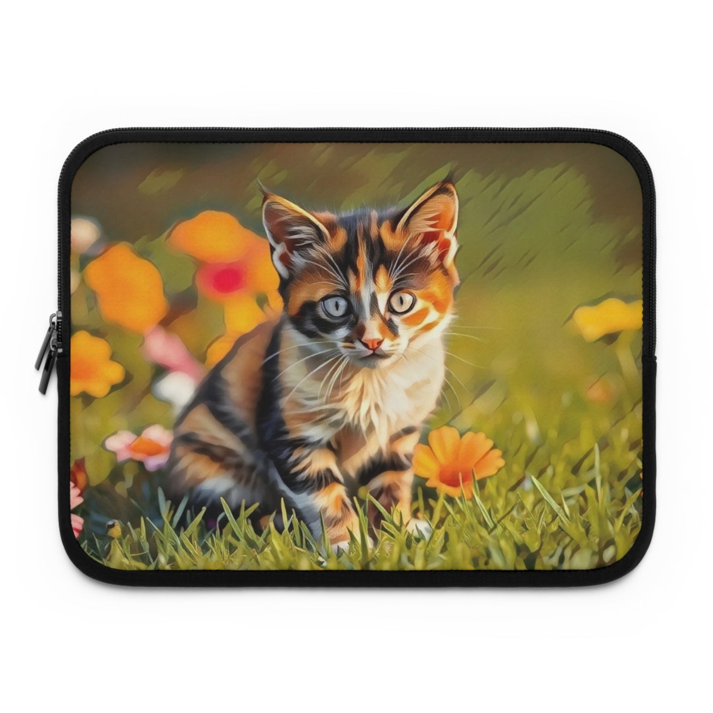 Laptop Sleeve Garden Guardian Curious Kitten Among Blossoms Chaia Malana Digital Art