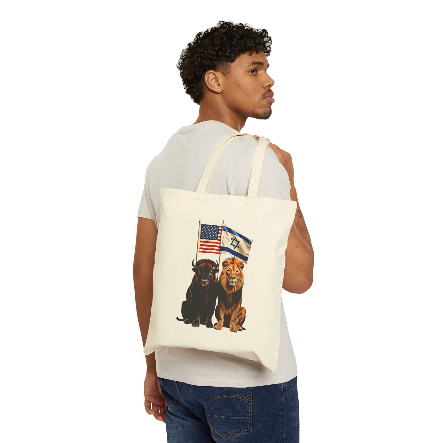 Cotton Canvas Tote Bag - "Allies of Strength" Lion and Bison Israeli and American Flags