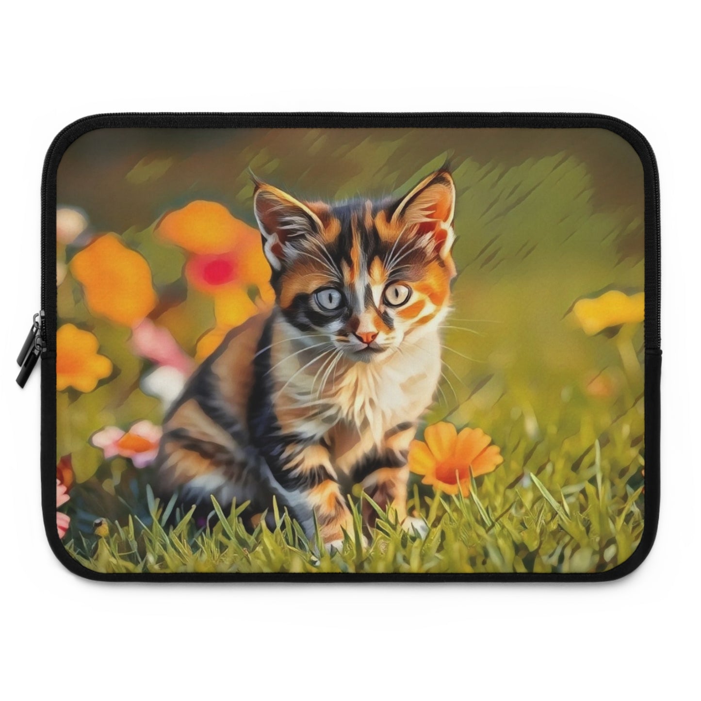 Laptop Sleeve Garden Guardian Curious Kitten Among Blossoms Chaia Malana Digital Art