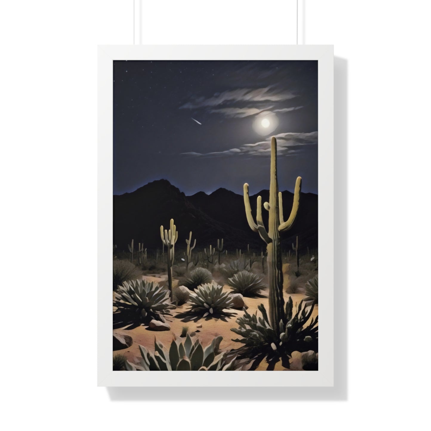 Artistic Framed Poster - Nighttime Desert Cactus Landscape, "Desert Moonrise" Chaia Malana