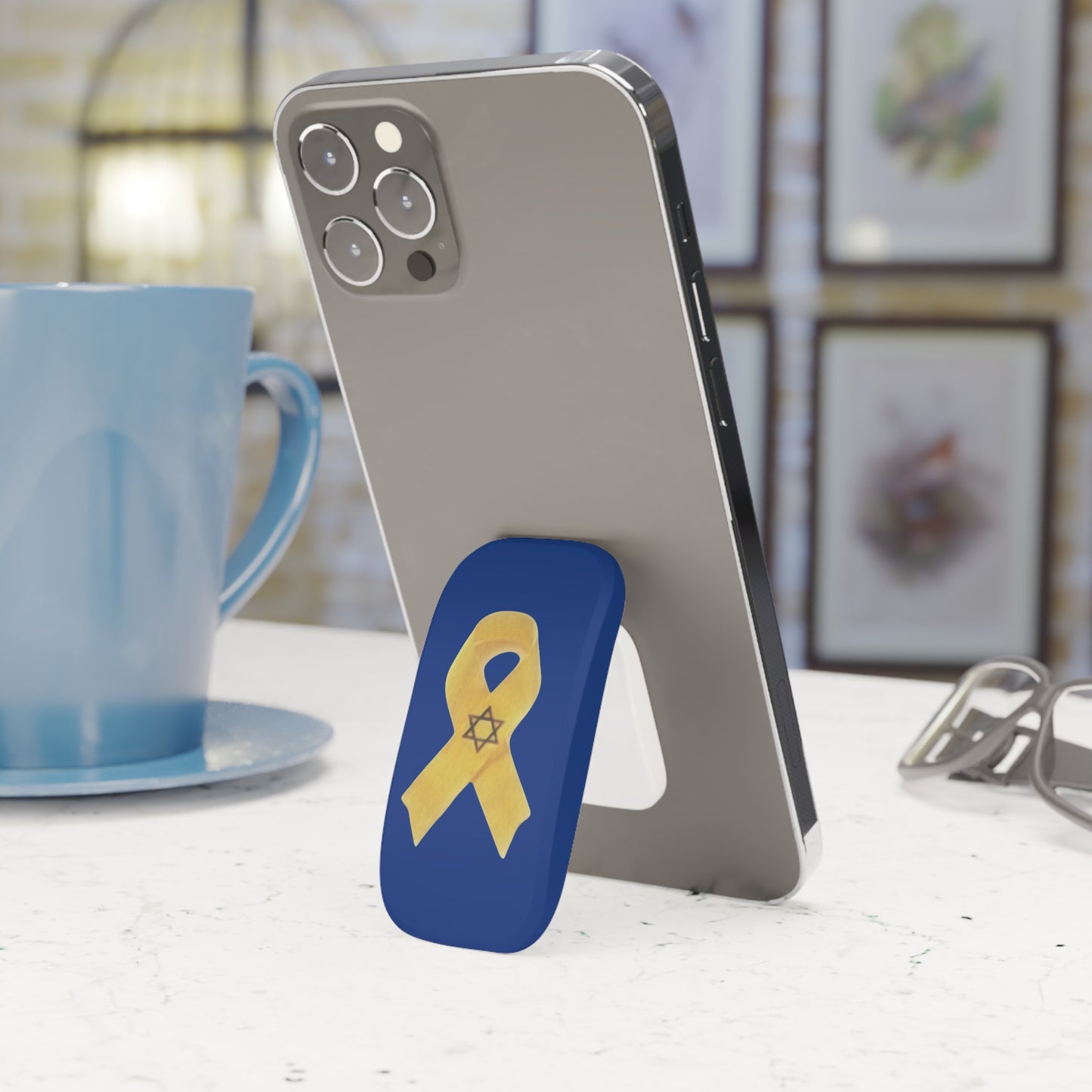 Phone Grip: Yellow Ribbon Hostage Support Design, Dark Blue