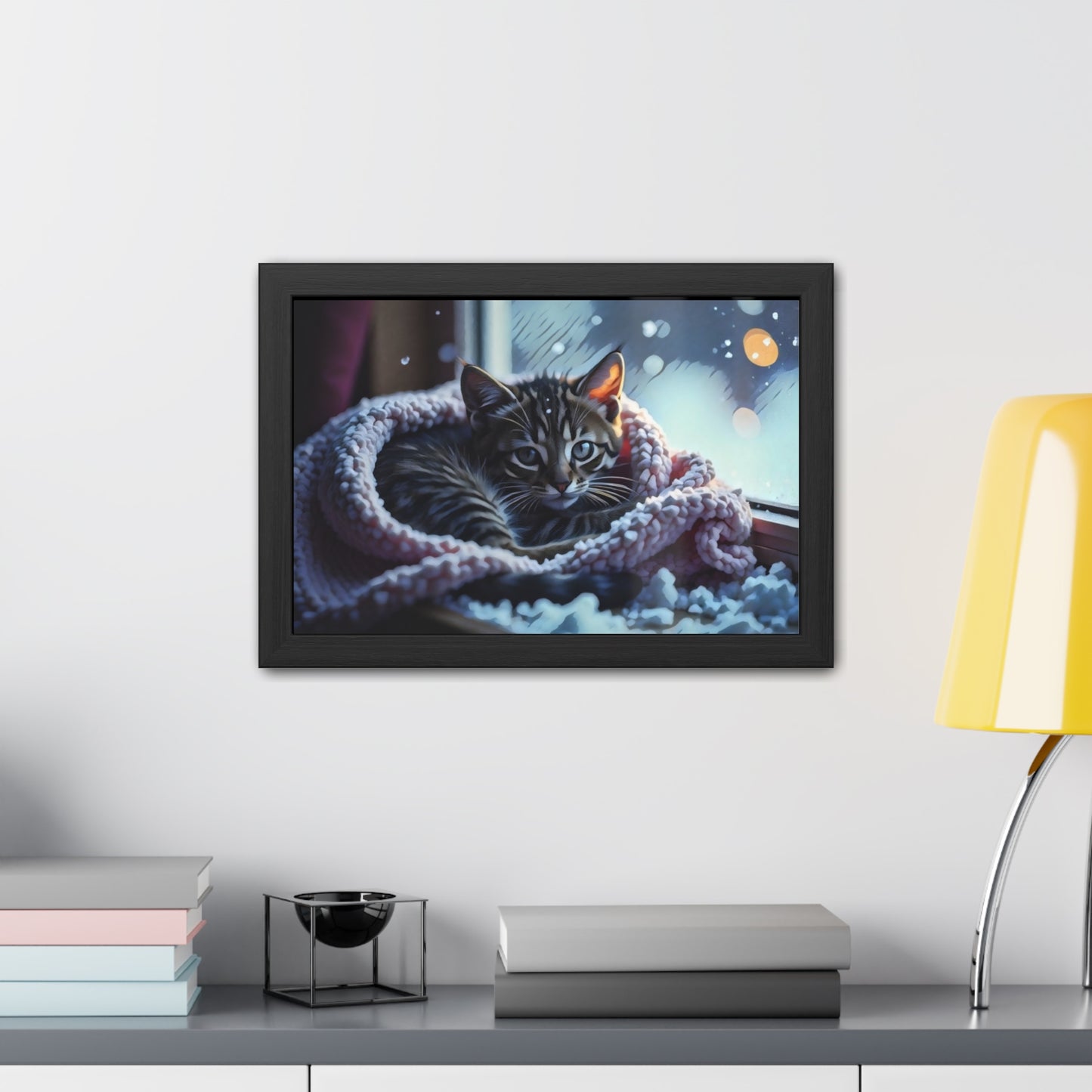 Artistic Framed Posters - Kitten in Blanket in Winter Art, "Cozy Winter Vigil" by Chaia Malana