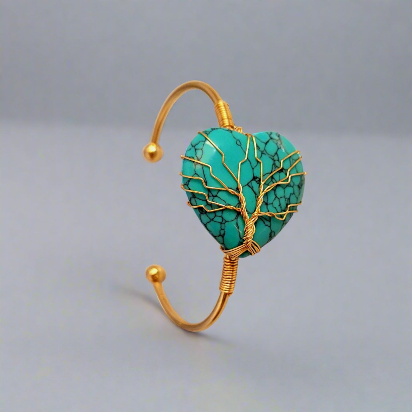 Blue Turquoise Heart Tree of Life Golden Wire Wrapped Metal Bangle Bracelet