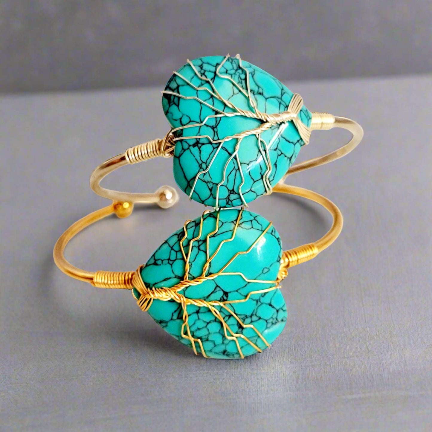 Blue Turquoise Heart Tree of Life Silver and Golden Wire Wrapped Metal Bangle Bracelets