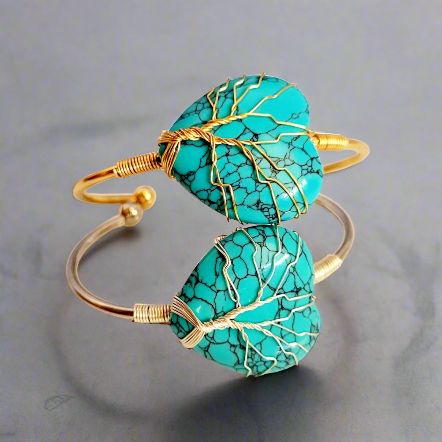 Blue Turquoise Heart Tree of Life Silver and Golden Wire Wrapped Metal Bangle Bracelets