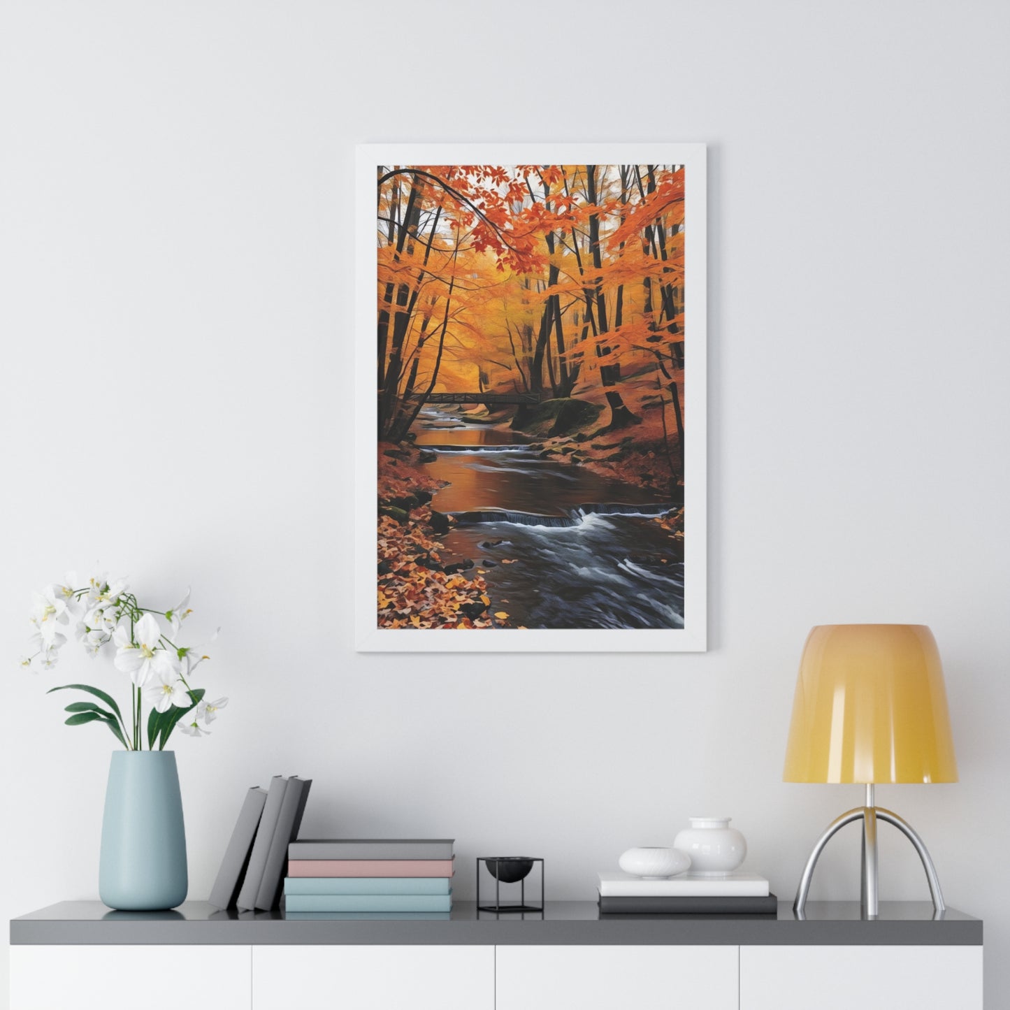 Artistic Framed Poster - Autumn Rocky Forest Waterfall, "Whispers of Autumn’s Flow" Chaia Malana