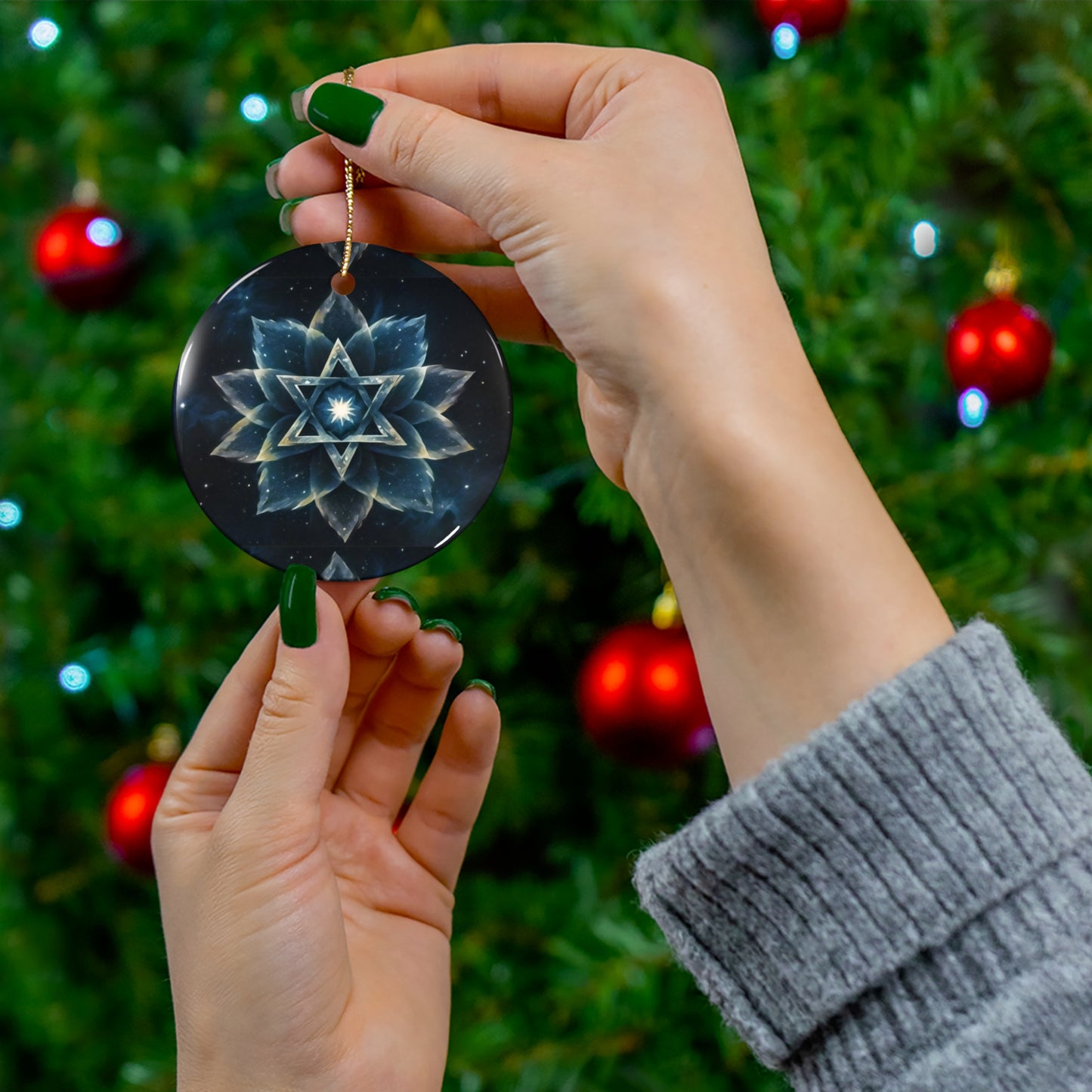 Ceramic Ornament - Jewish Star of David Blue Cosmic Lotus Design, Galactic Background