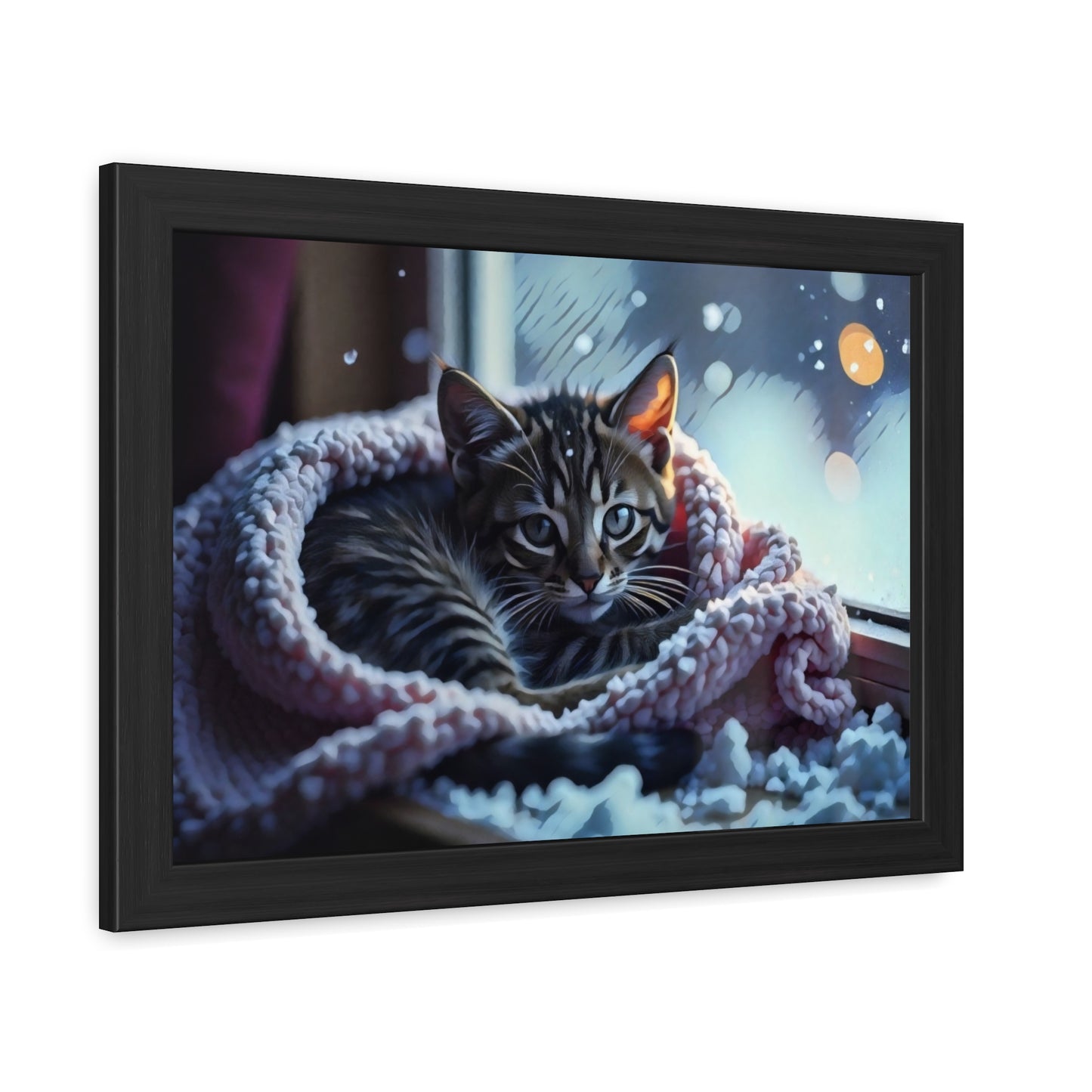 Artistic Framed Posters - Kitten in Blanket in Winter Art, "Cozy Winter Vigil" by Chaia Malana