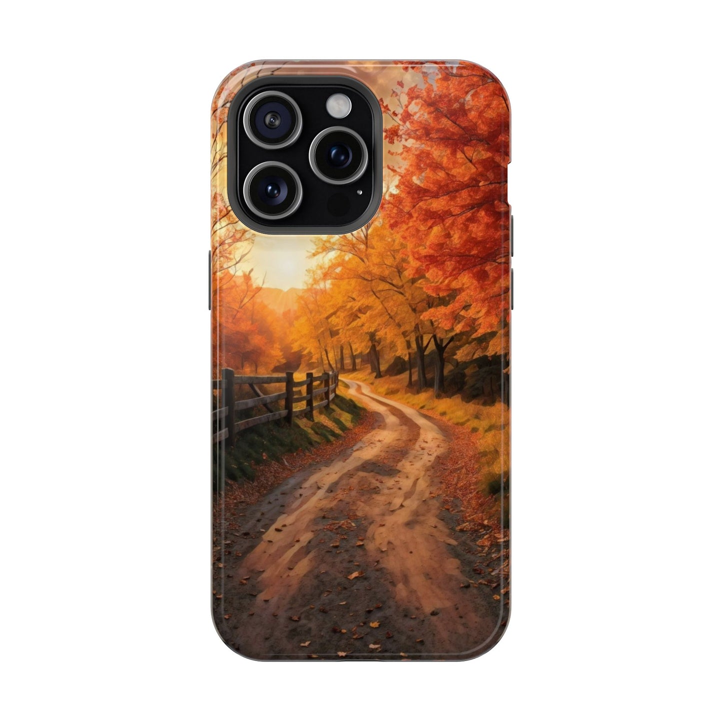 Phone Cases - Autumn Theme Painting of a Dirt Road with Trees and Wood Fence