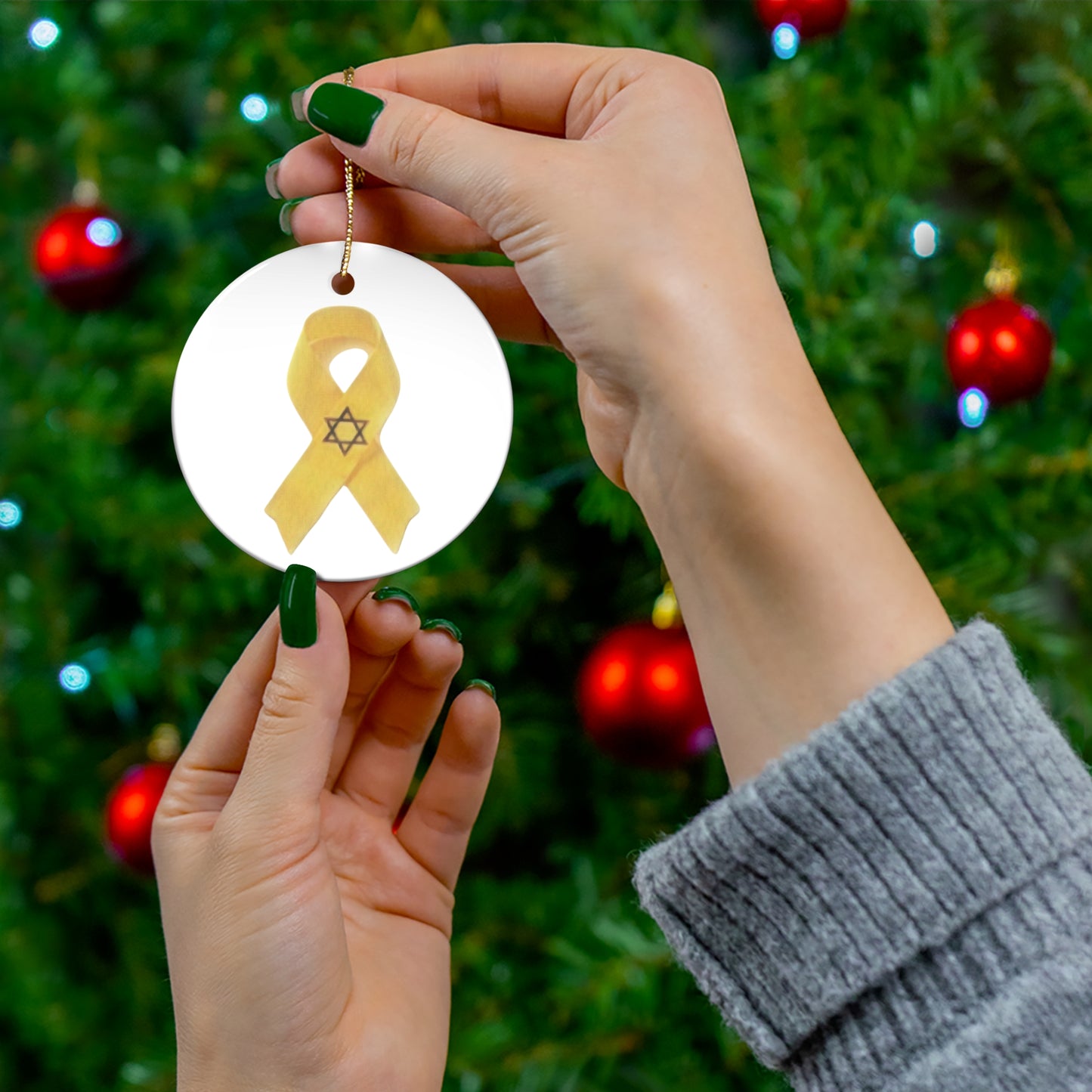 Ceramic Ornament - Yellow Awareness Ribbon with Magen David