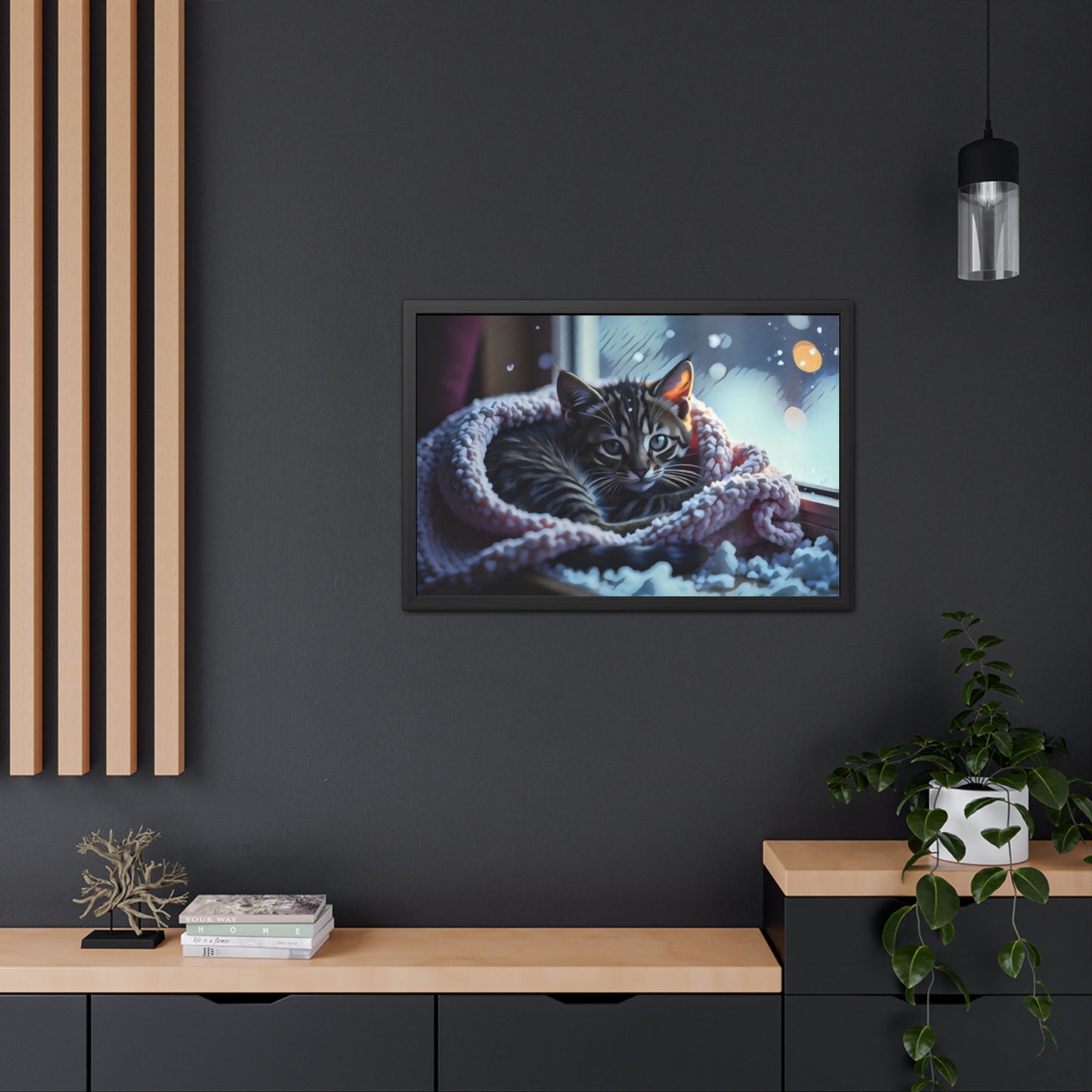 Artistic Framed Posters - Kitten in Blanket in Winter Art, "Cozy Winter Vigil" by Chaia Malana