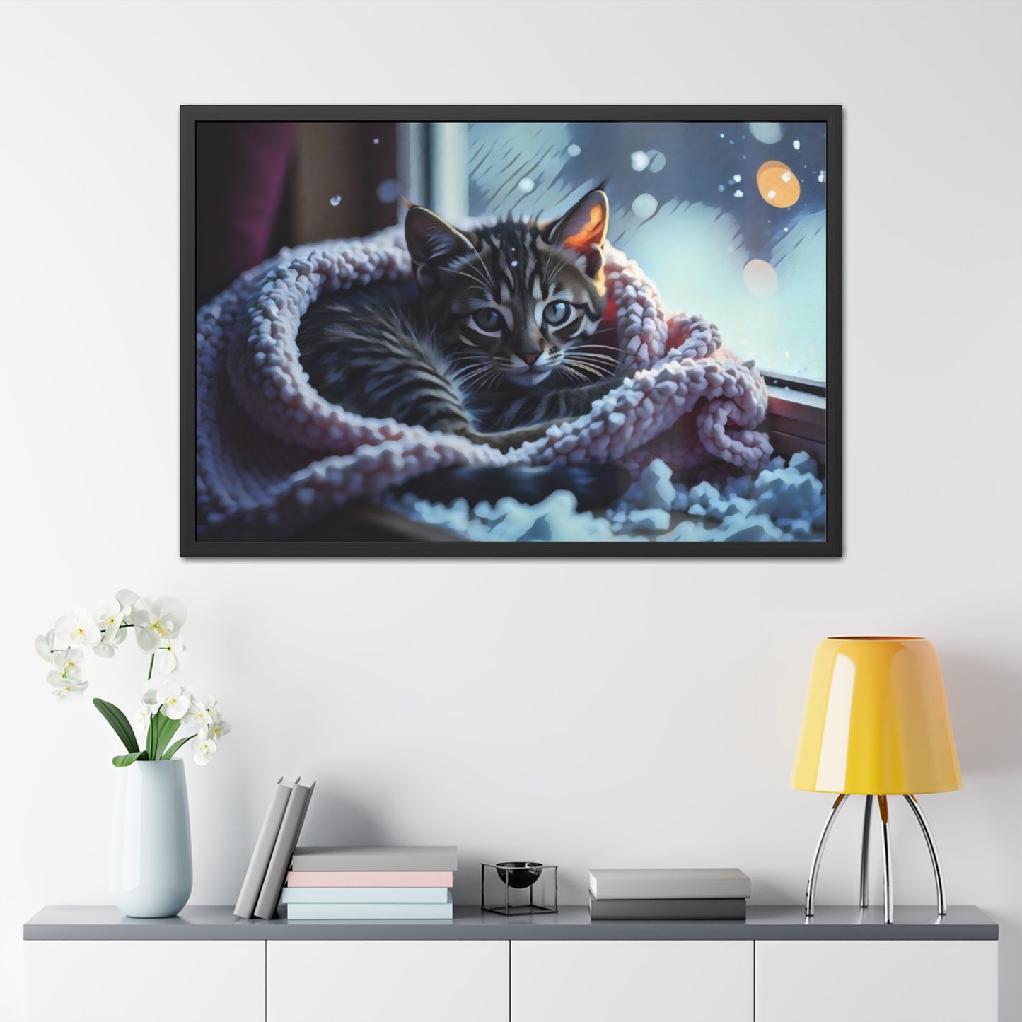 Artistic Framed Posters - Kitten in Blanket in Winter Art, "Cozy Winter Vigil" by Chaia Malana