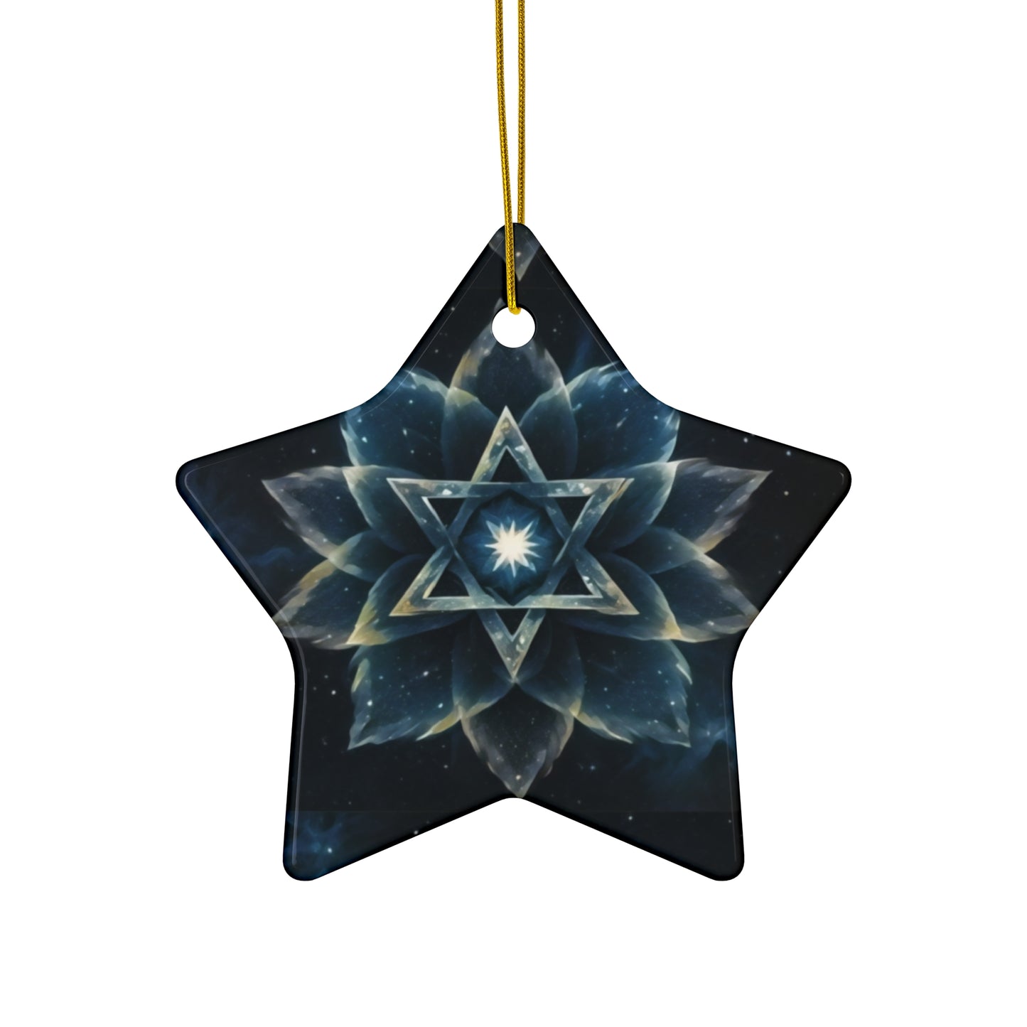 Ceramic Ornament - Jewish Star of David Blue Cosmic Lotus Design, Galactic Background