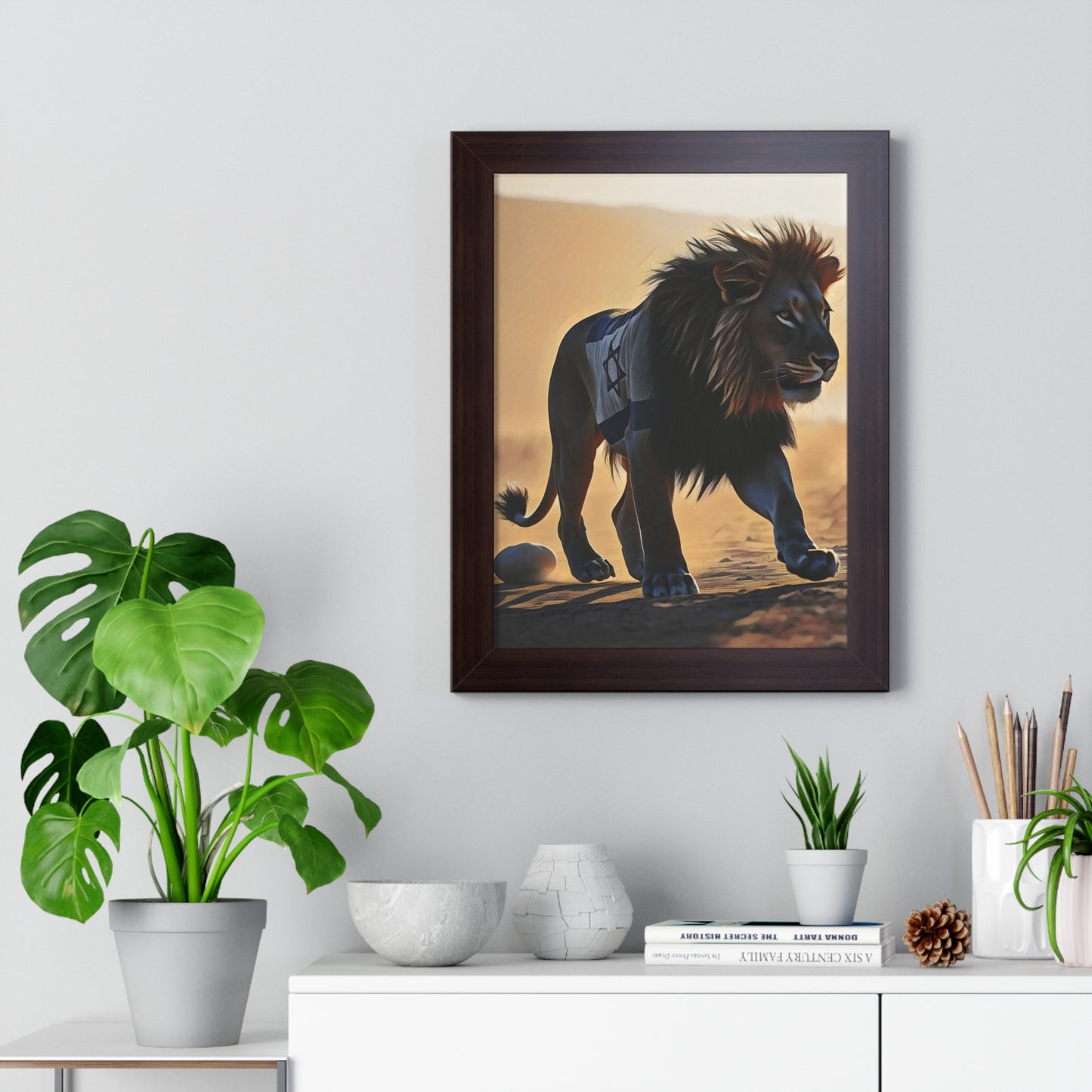 Artistic Framed Poster: Israeli Flag Lion in the Desert, "Lion of Judah: Strength of a Nation" Chaia Malana