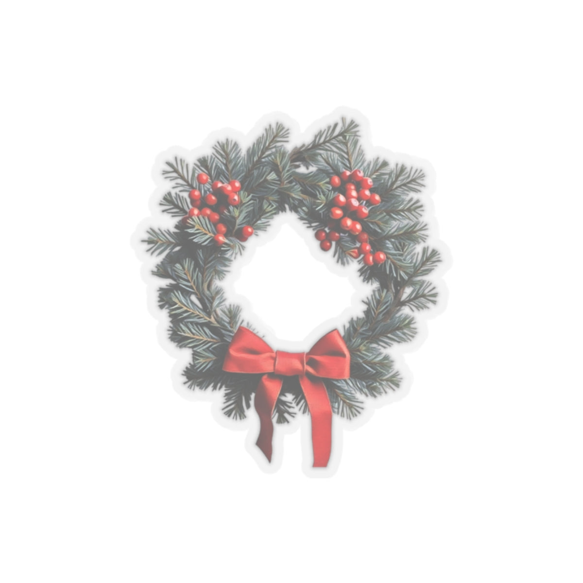 Sticker - Christmas Wreath Art Print, Pine Needle Branches, Red Berries, and Red Ribbon