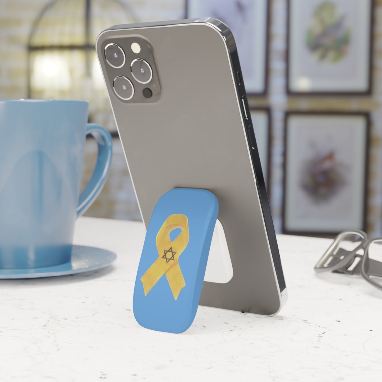 Phone Grip: Yellow Ribbon Hostage Support Design, Light Blue