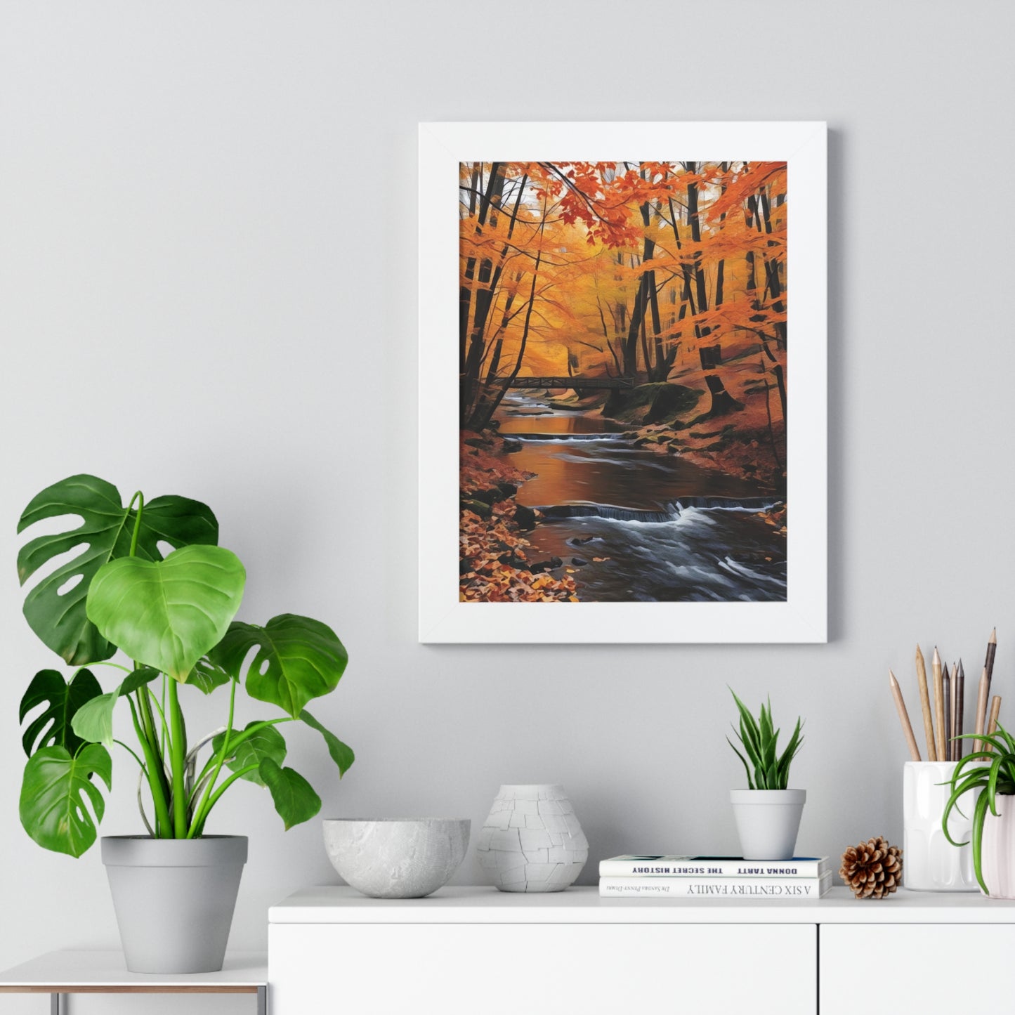 Artistic Framed Poster - Autumn Rocky Forest Waterfall, "Whispers of Autumn’s Flow" Chaia Malana