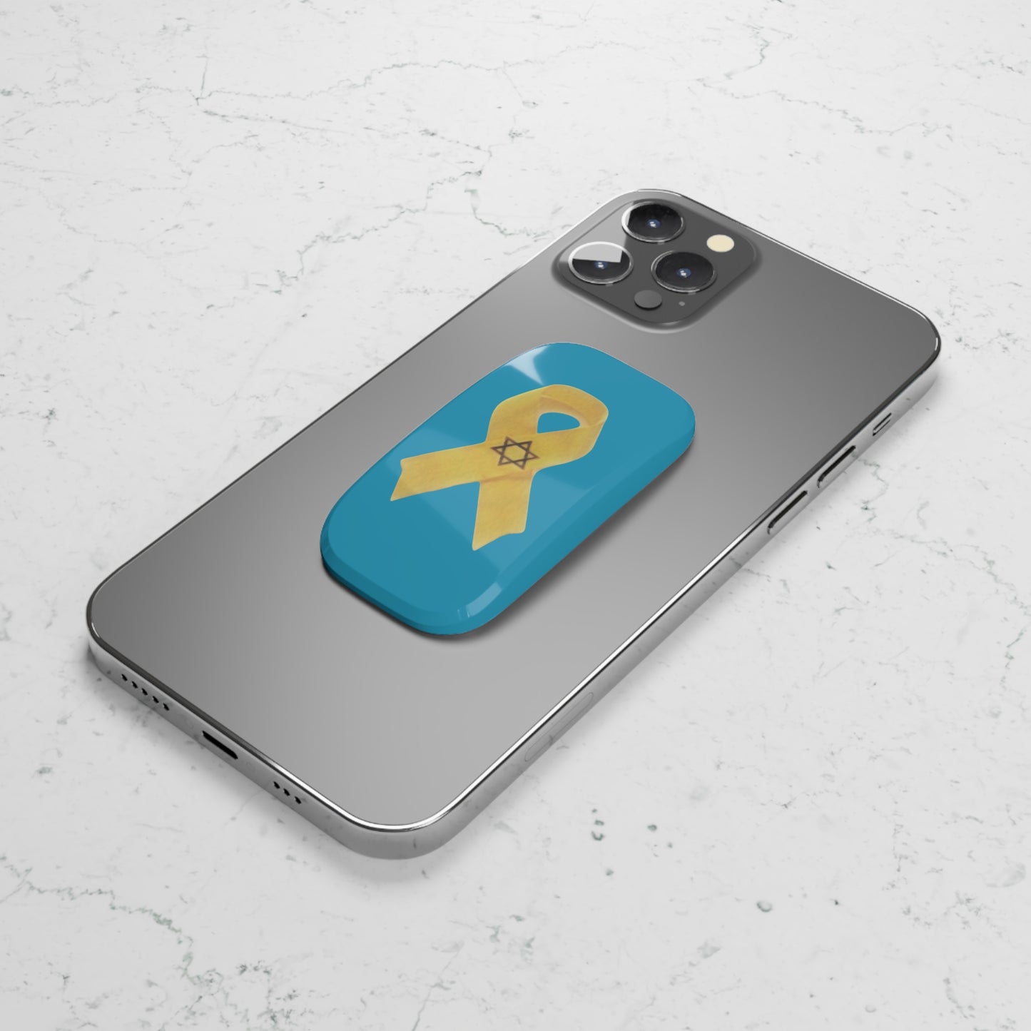 Phone Grip: Yellow Ribbon Hostage Support Design, Turquoise Background, Light Blue