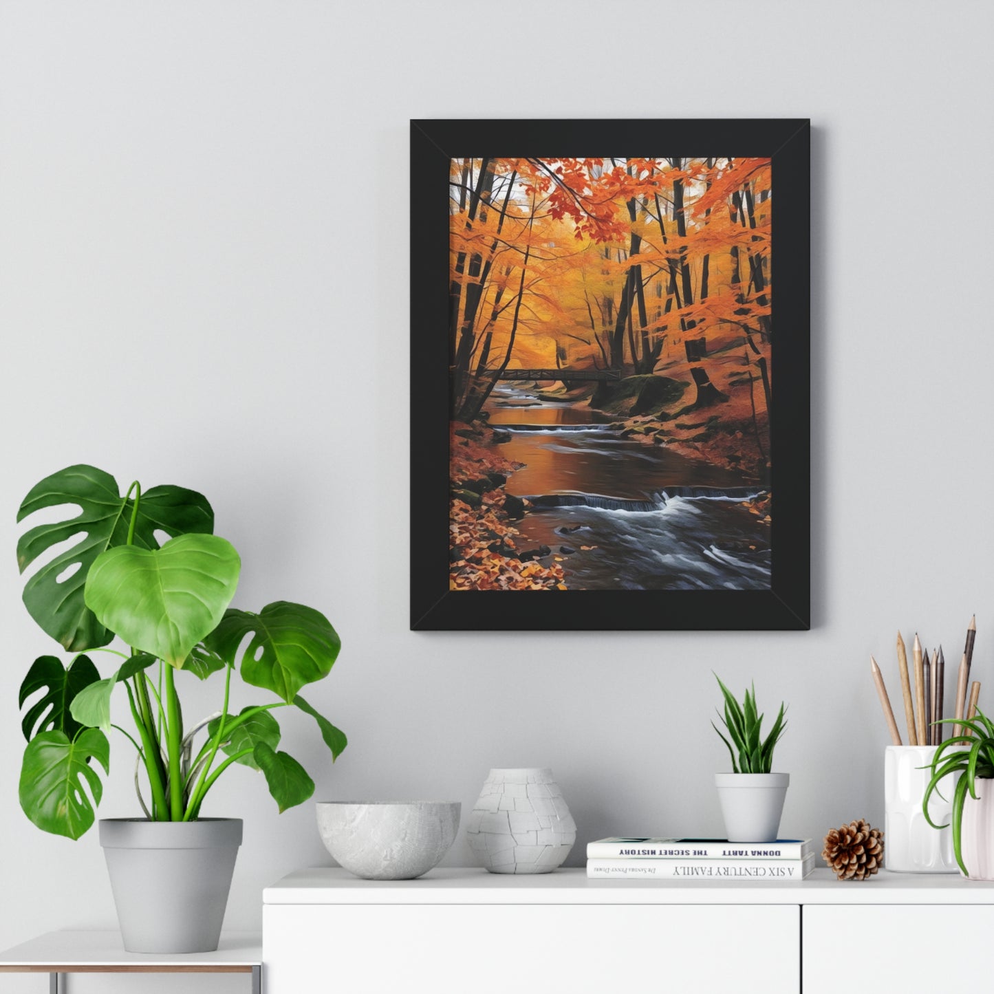 Artistic Framed Poster - Autumn Rocky Forest Waterfall, "Whispers of Autumn’s Flow" Chaia Malana